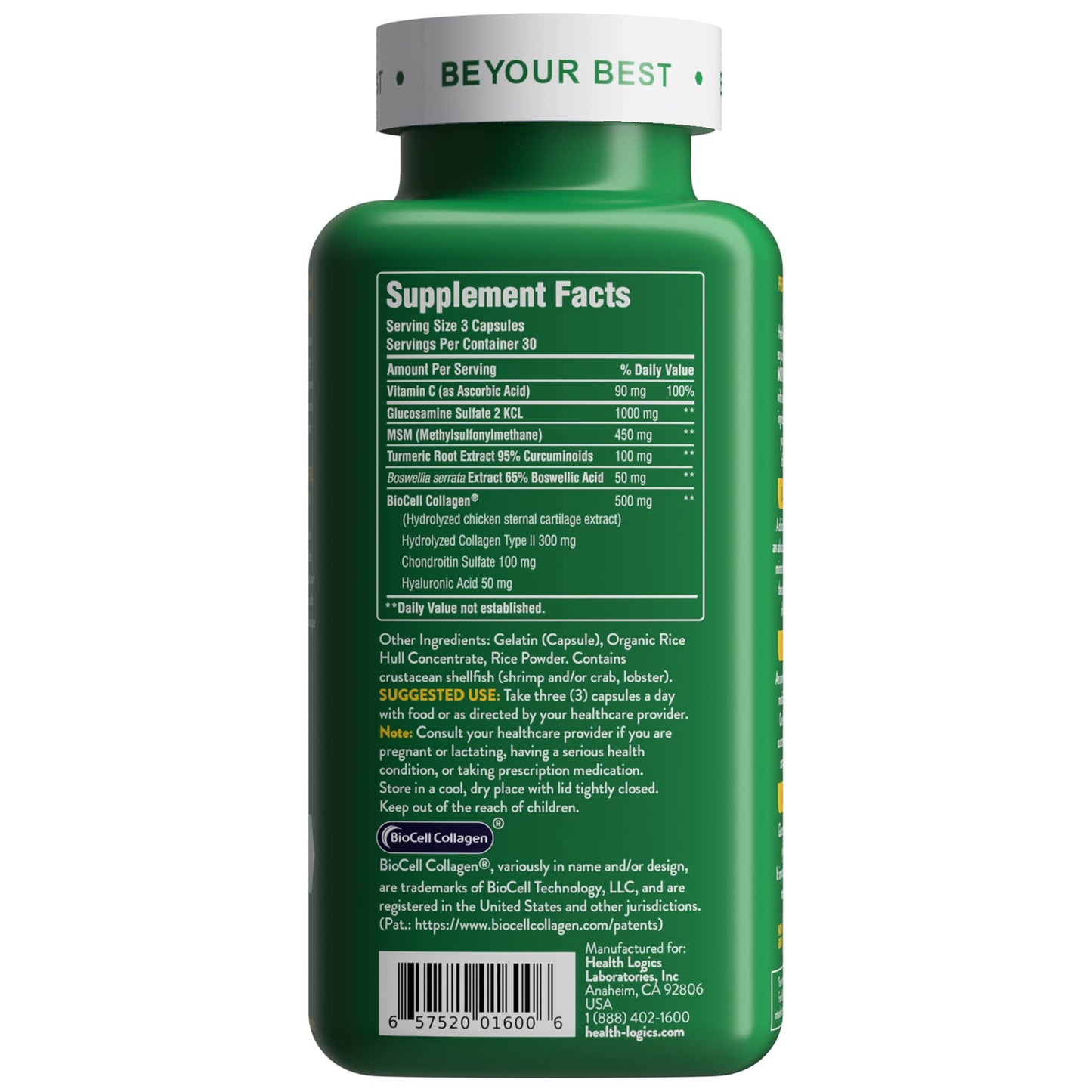 Health Logics Move! Healthy Joints with BioCell Collagen, Glucosamine, MSM, Vitamin C, Turmeric Extract 95% Curcuminoids, Boswellia Serrata, 90 Capsules