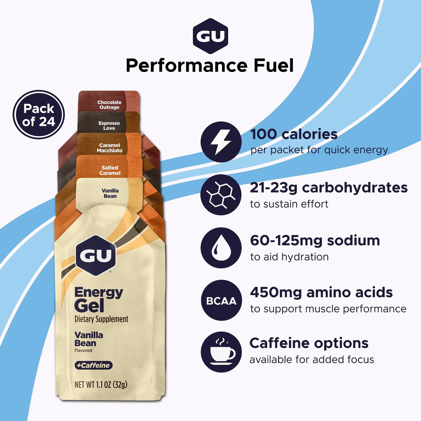 GU Energy Original Sports Nutrition Energy Gel, Vegan, Gluten-Free, Kosher, and Dairy-Free On-the-Go Energy for Any Workout, 24-Count, Assorted Indulgent Flavors
