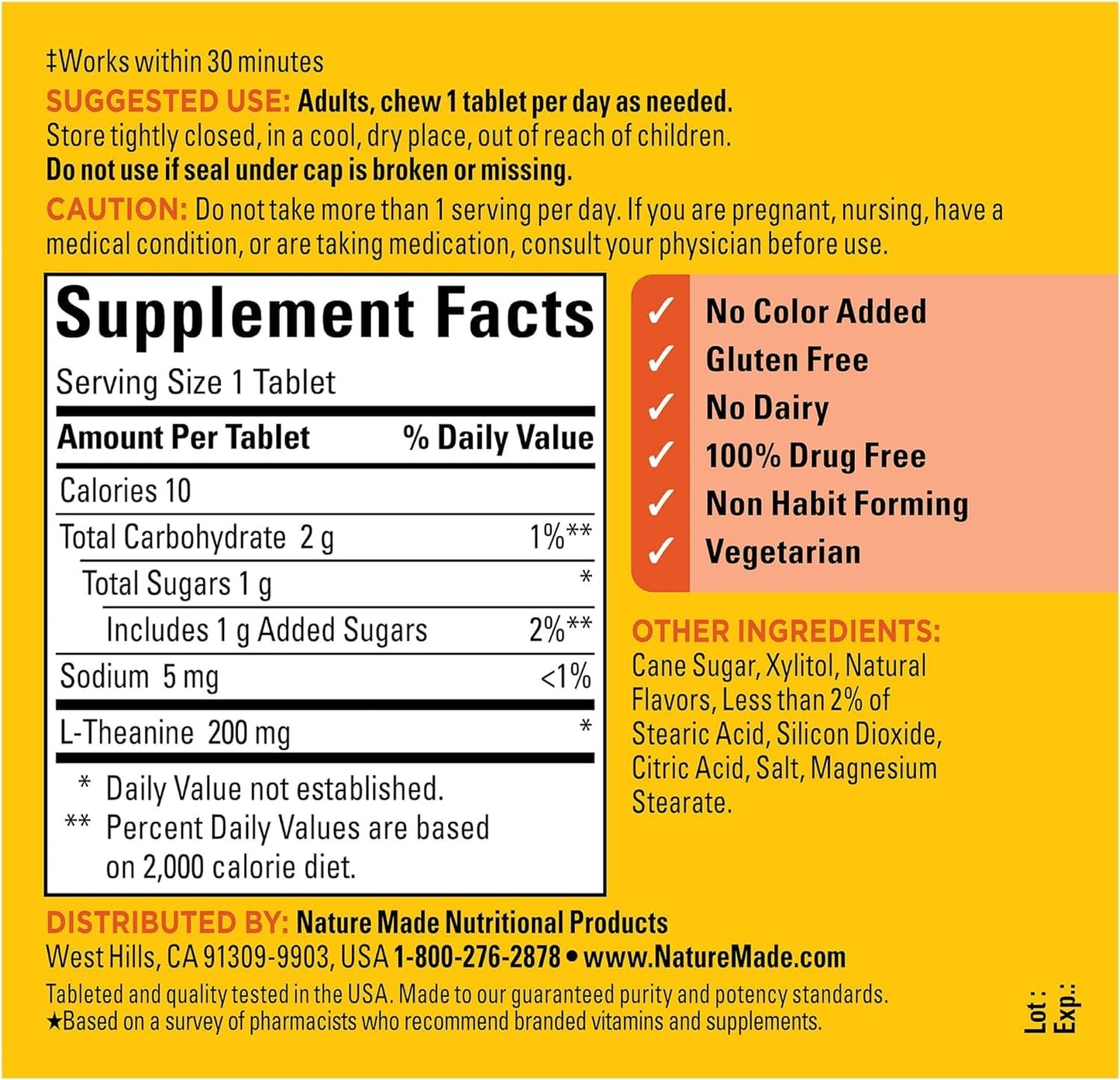 Nature Made L-Theanine 200 mg Chewable Tablets, 100 Count