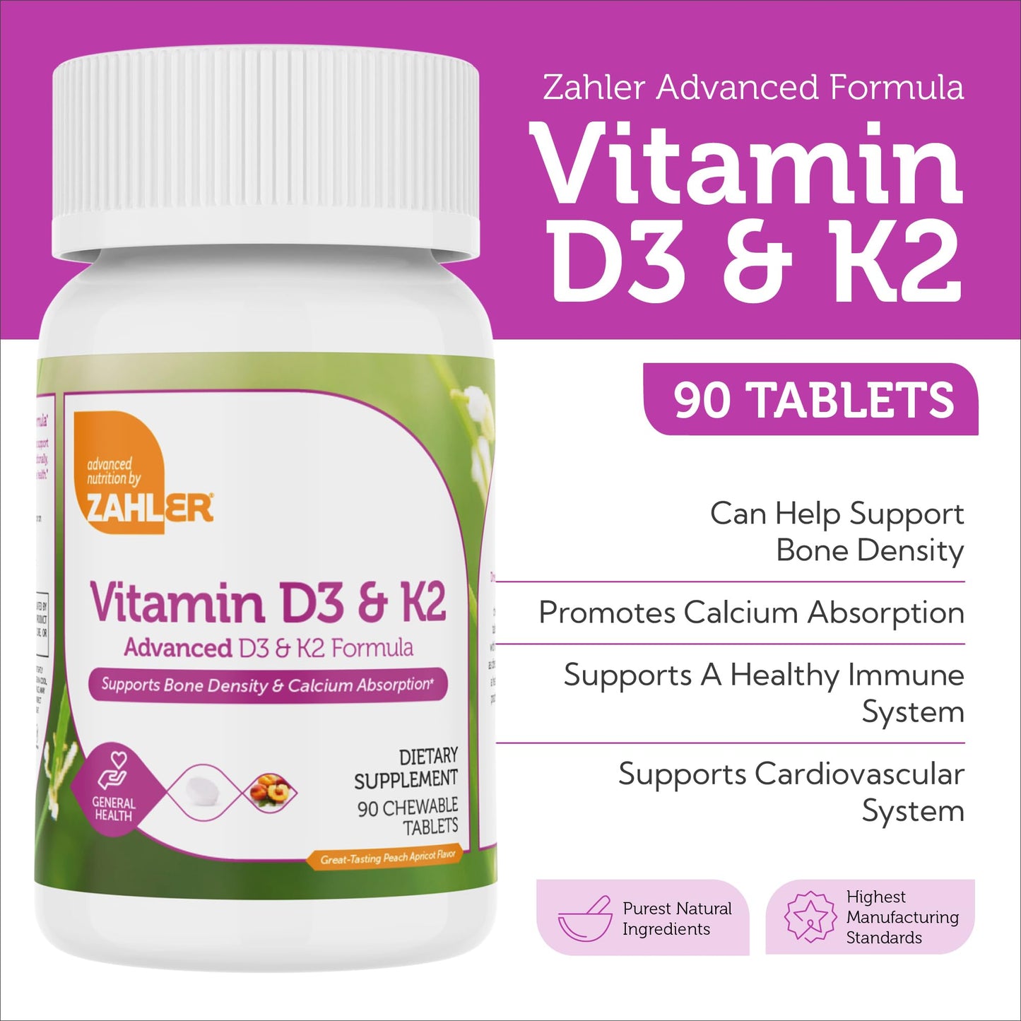 Zahler Vitamin D3 & K2 Chewable Supplement Tablet 90 Tablets