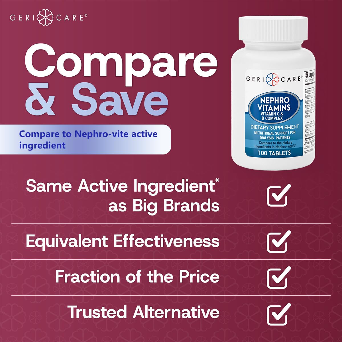GeriCare Nephro Vitamin C & B Complex Tablets, 100 Count