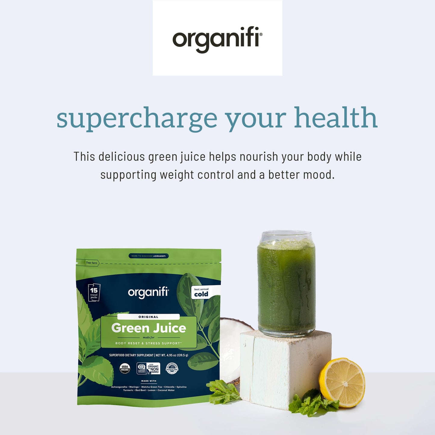 Organifi GO Packs Green Juice Organic Superfood Supplement Powder, 15 Travel Packs