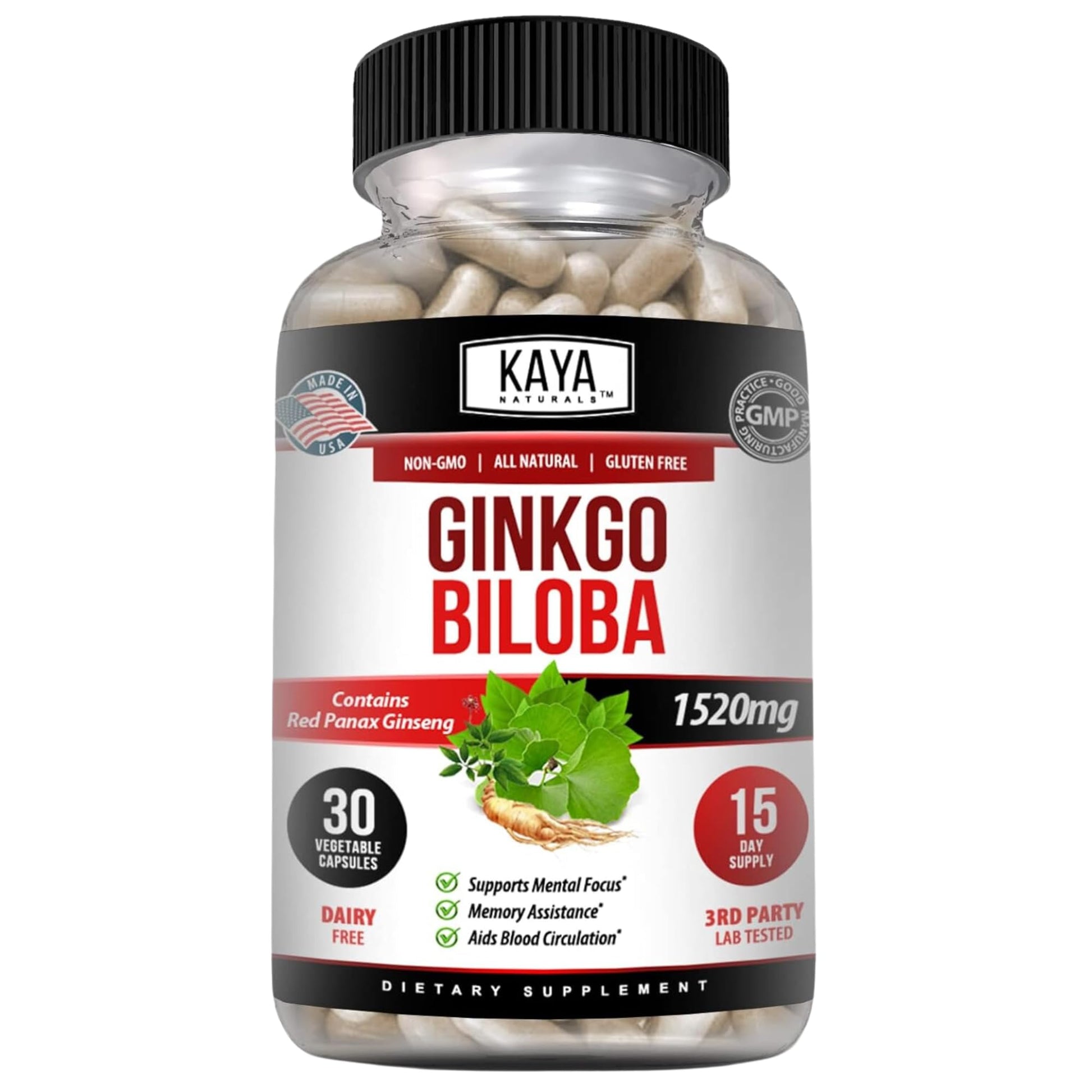 Kaya Naturals Red Panax Ginseng + Ginkgo Biloba Nootropic Brain Supplement, Capsules, 30 Count