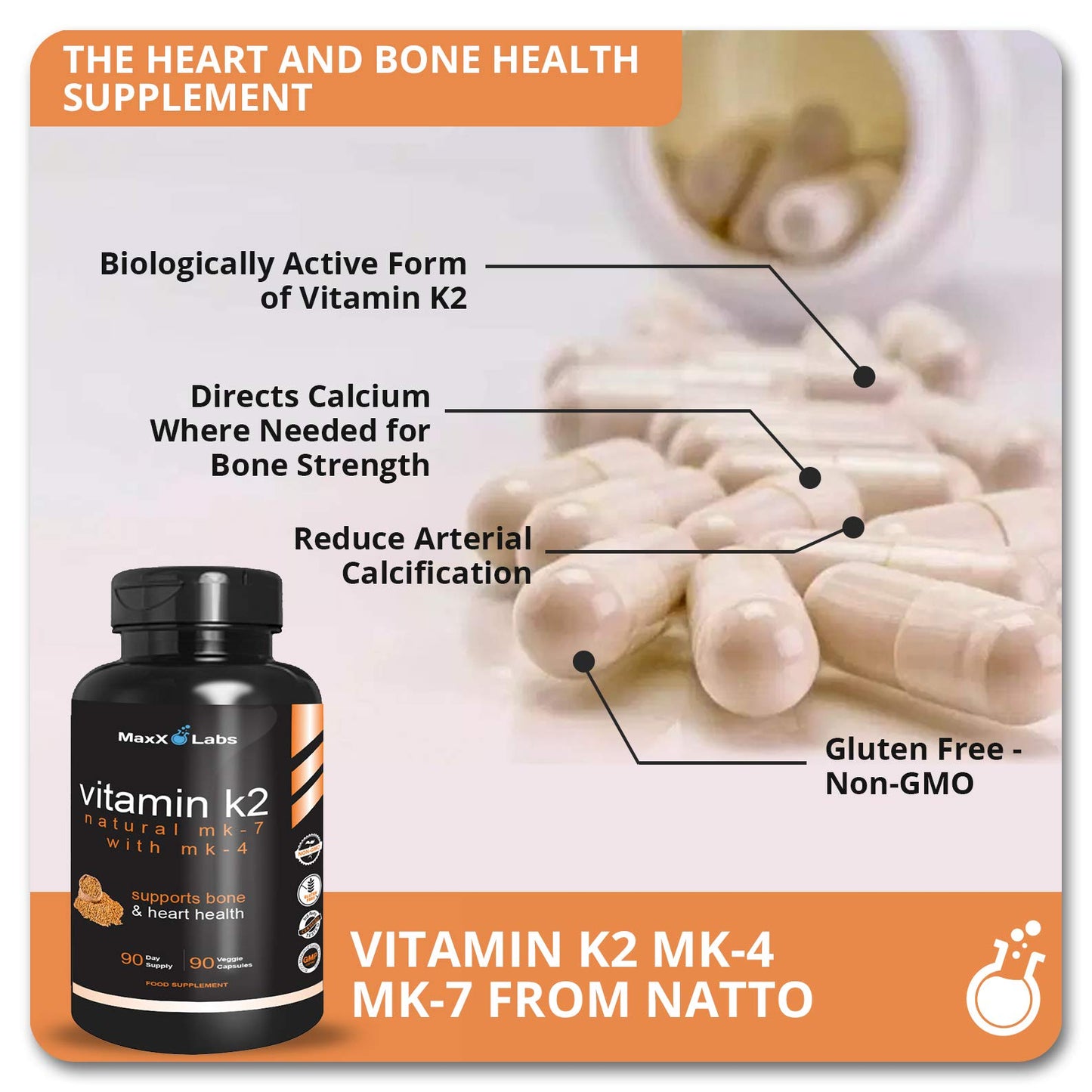 MaxX Labs Vitamin K2 Supplement Full Spectrum K2-MK7, MK4 & Vitamin D Capsule, 90 Capsules