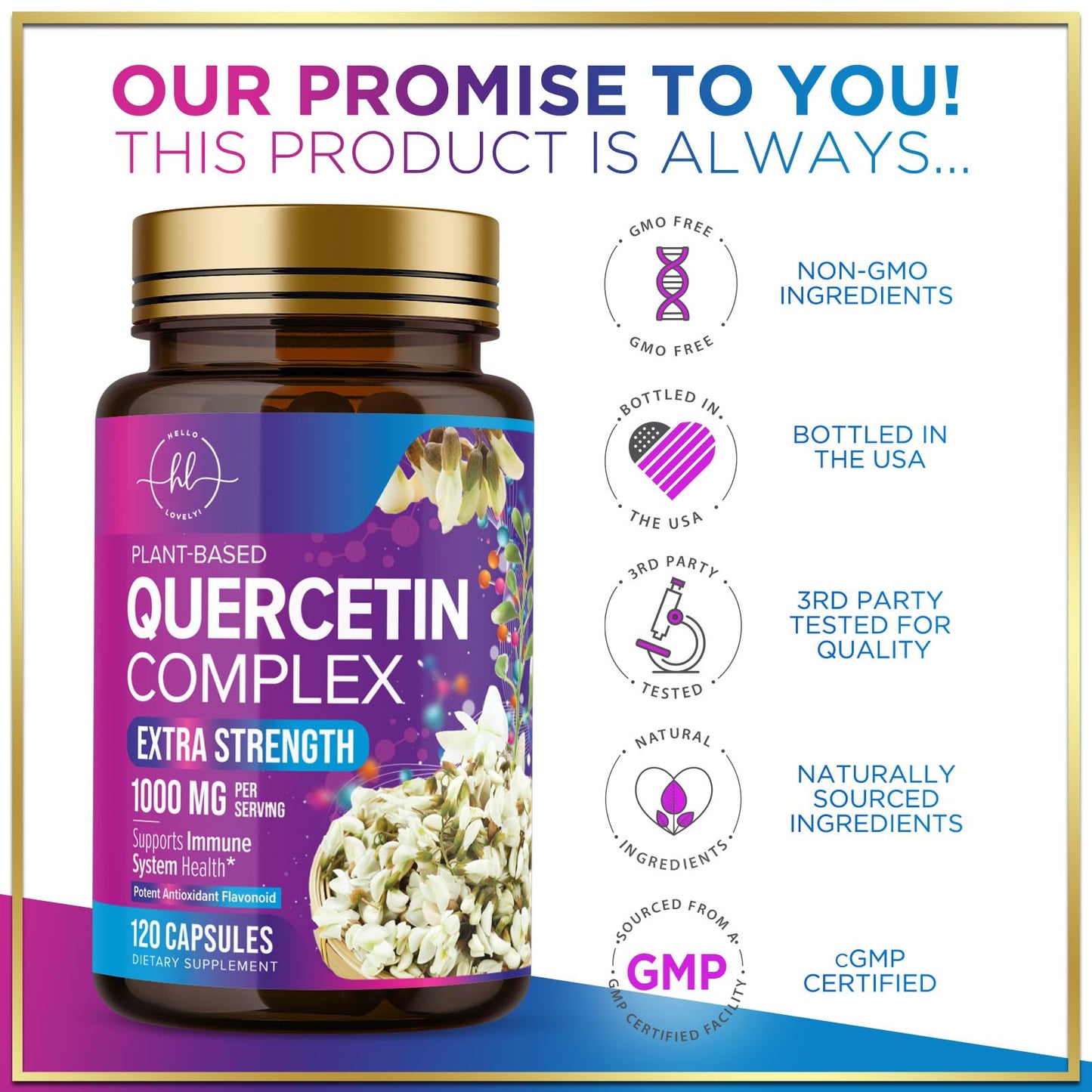 Hello Lovely! Quercetin Dihydrate 1000mg Veggie Capsules, 120 Count