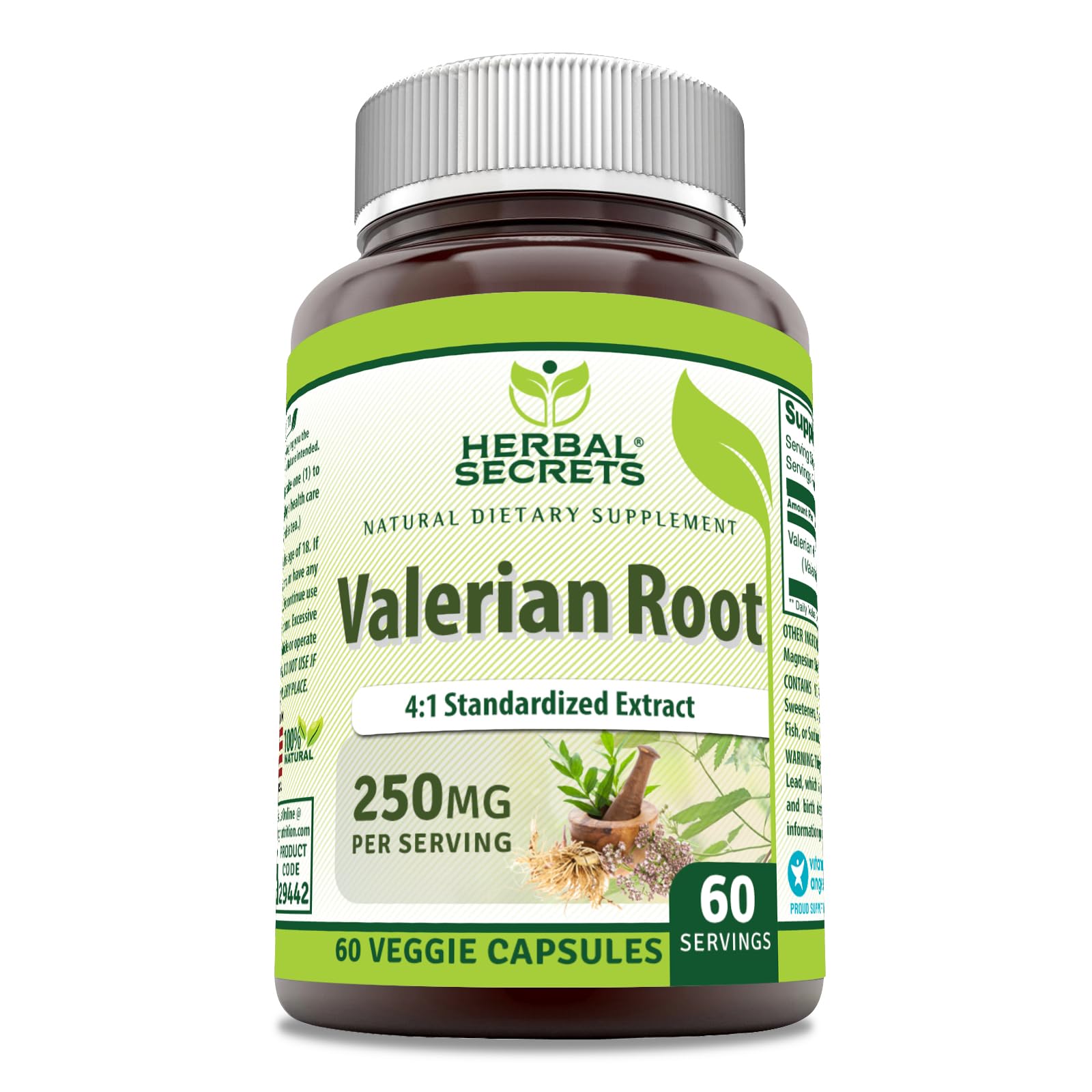 Herbal Secrets Valerian Root Extract 4:1 250 Mg Veggie Capsules, 60 Count