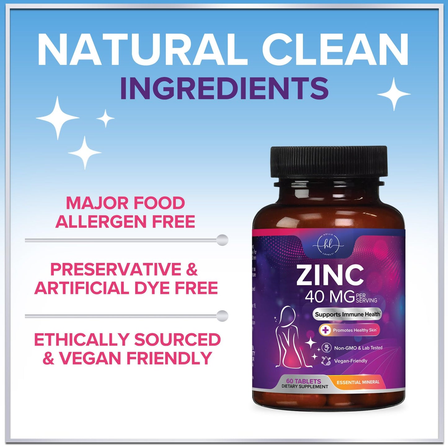 Hello Lovely! Zinc 40mg Tablets, 60 Count