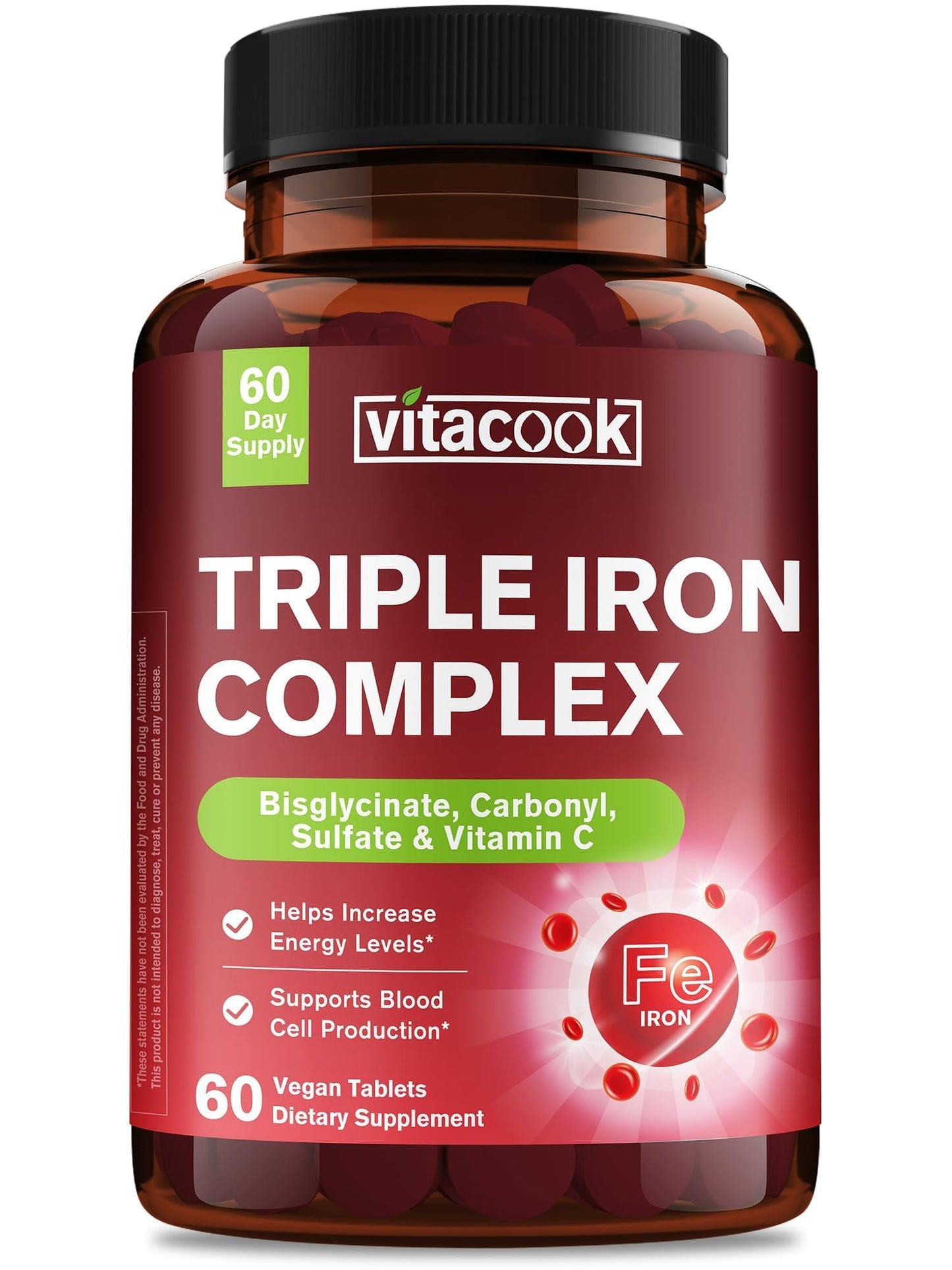 Vitacook Iron Supplement for Women & Men, 3-in-1 65mg Iron Pills (Bisglycinate, Sulfate, Carbonyl Iron) with Vitamin C, Enhanced Absorption, 60 Tablets