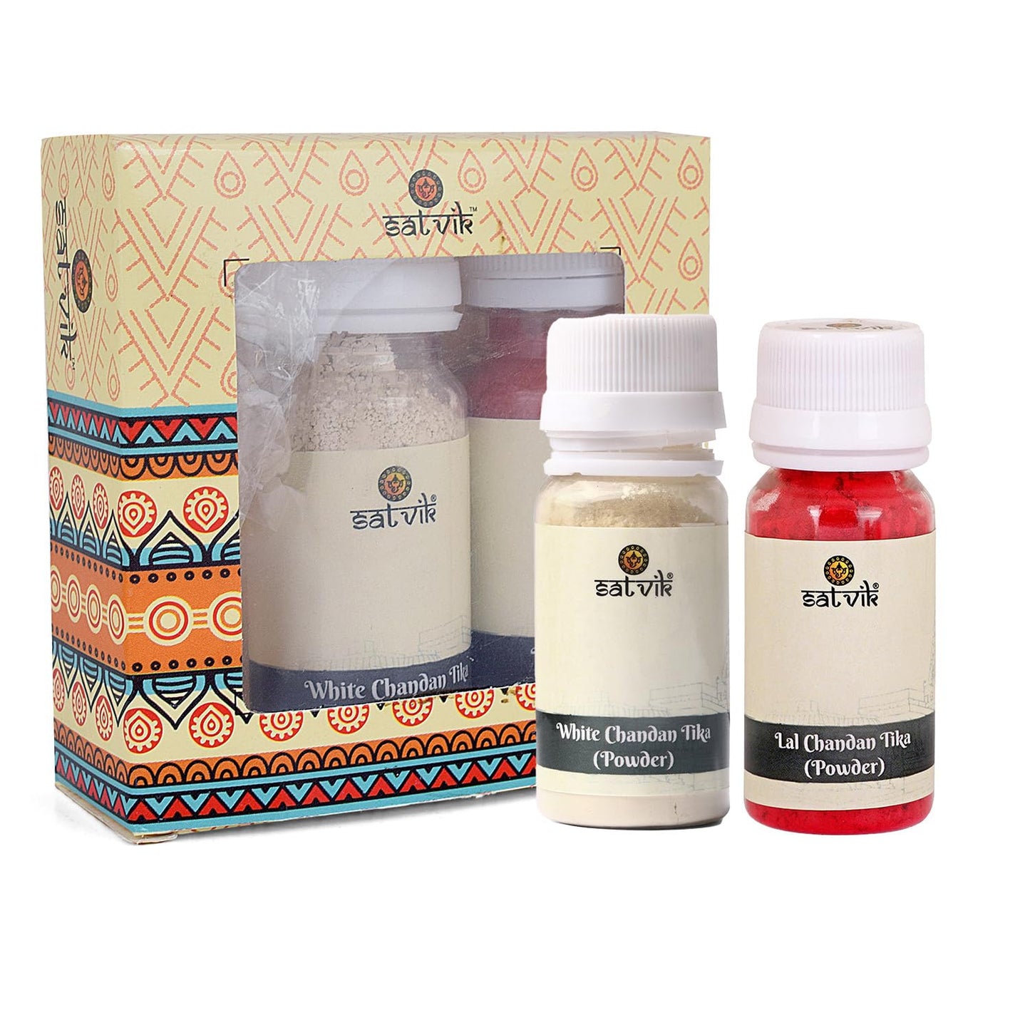 SATVIK STORE Assorted Brass Tilak Stamp 7 Pc with Red Chandan & White Chandan Tikka Powder