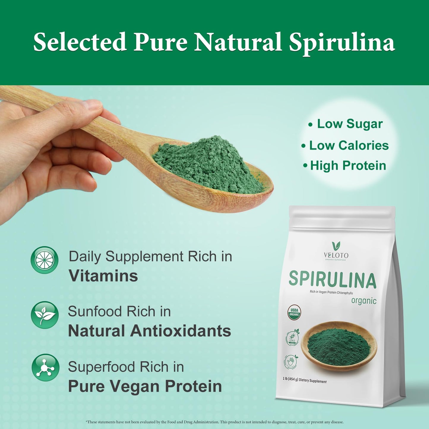 VELOTO Organic Spirulina Powder, 16 oz