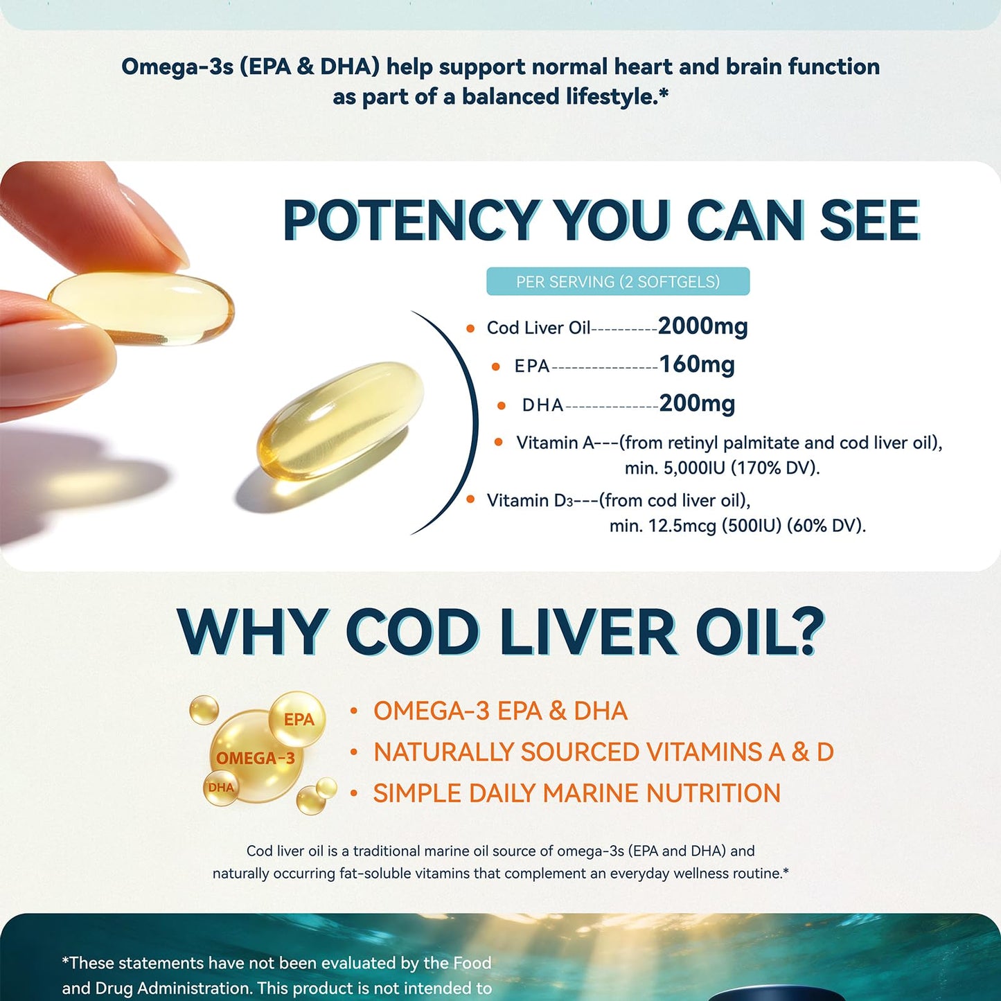 SUPPSEA Cod Liver Oil 2,000 mg with Vitamins A & D3, EPA, DHA, Extra Strength Softgels, 90 Count
