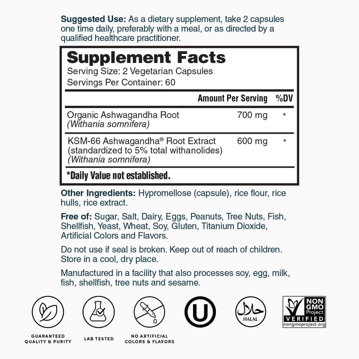 Nature's Lab Ashwagandha KSM 66 Extract - 5% Withanolides, Pure Organic Ashwagandha Root Powder Capsules, 120 Count