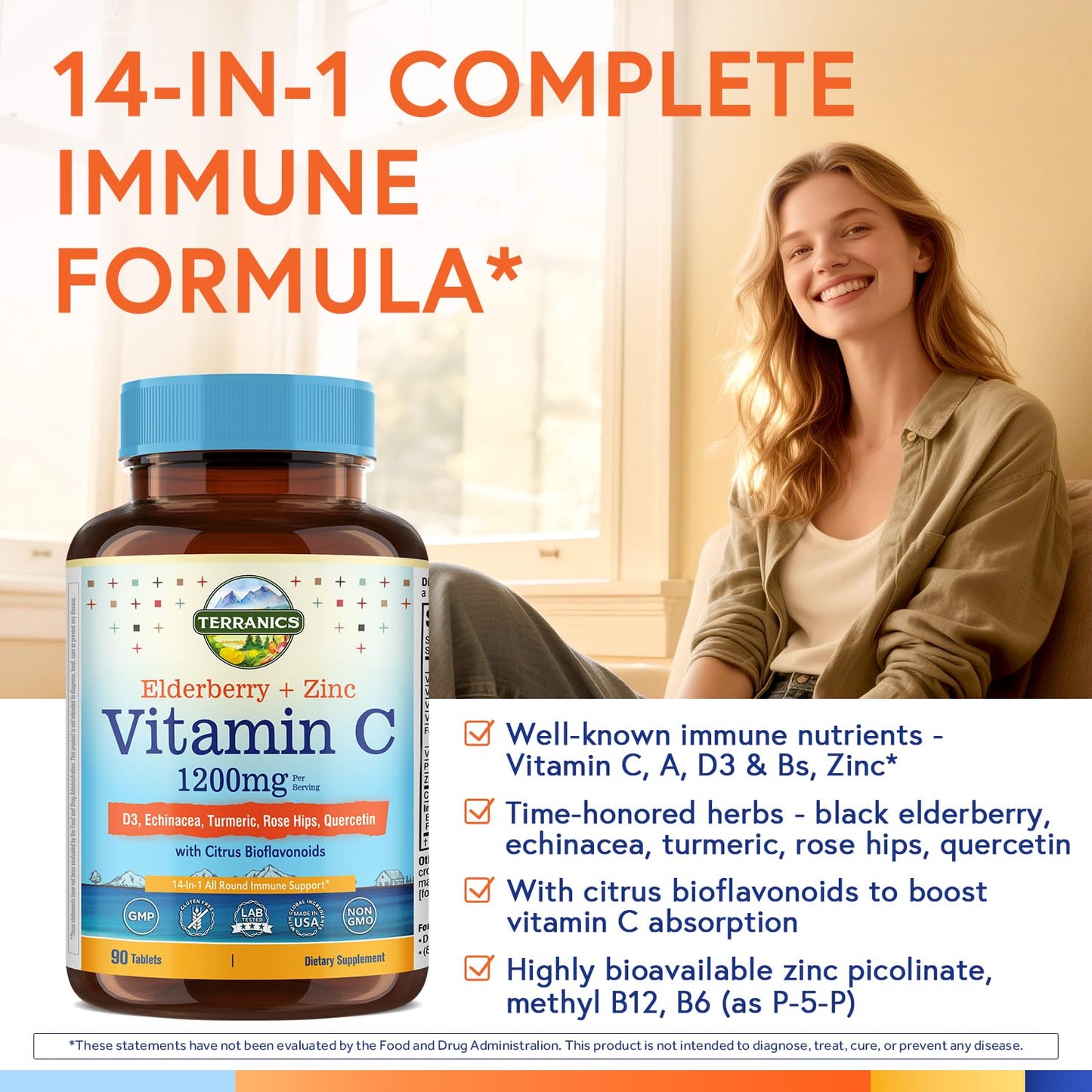 Terranics Vitamin C Elderberry Zinc with Vitamin D3 A B6 B12 Folate Rose Hips Citrus Bioflavonoids Turmeric Echinacea 14-in-1 Daily Immune Support, 90 Tablets