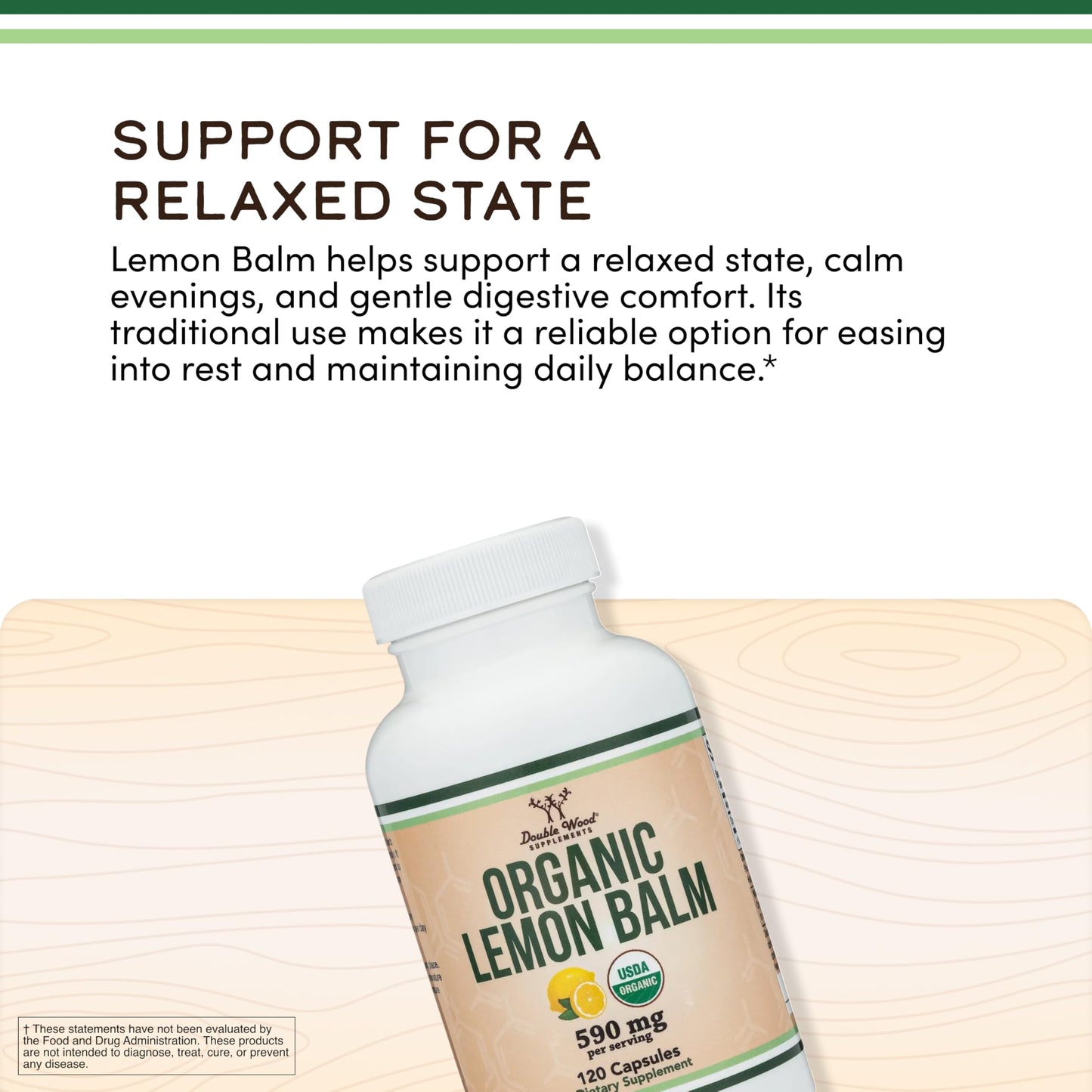 Double Wood Supplements Organic Lemon Balm 590mg Capsules 120 Count