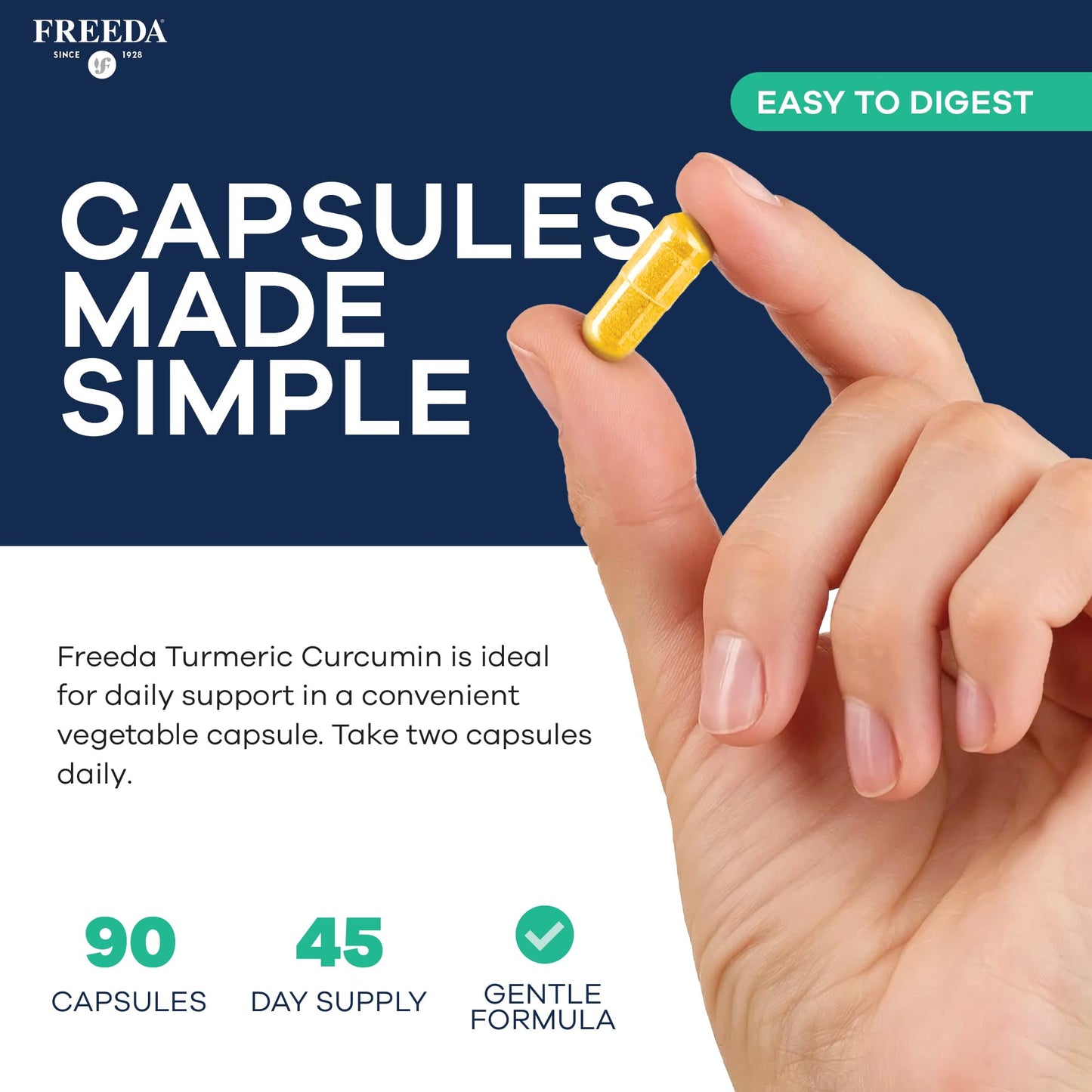 FREEDA Turmeric Curcumin Supplement 1000mg with Black Pepper Capsule, 90 Count