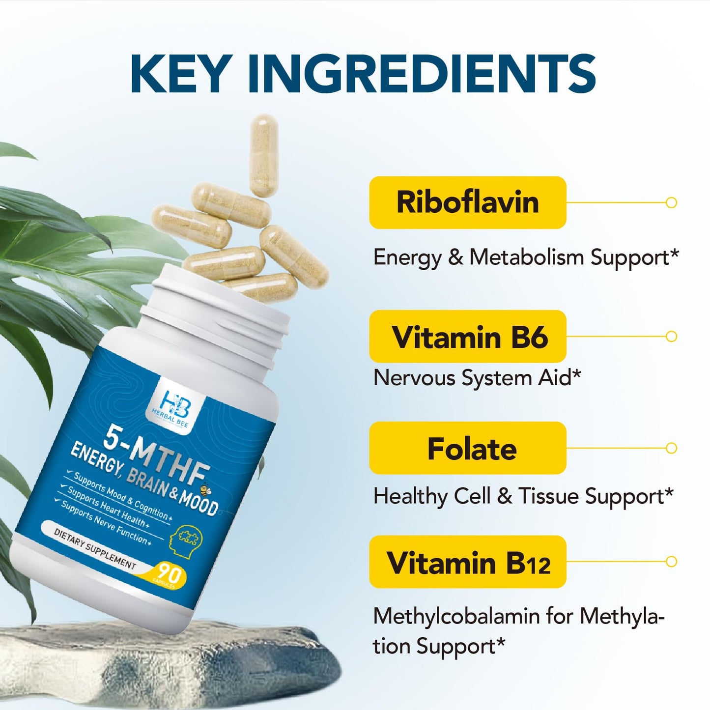 Herbal Bee 5-MTHF Folate Supplement Activated L-Methylfolate, Plus Methyl B12 Cofactor & B6 Methylated B2 Complex, 90 Capsules