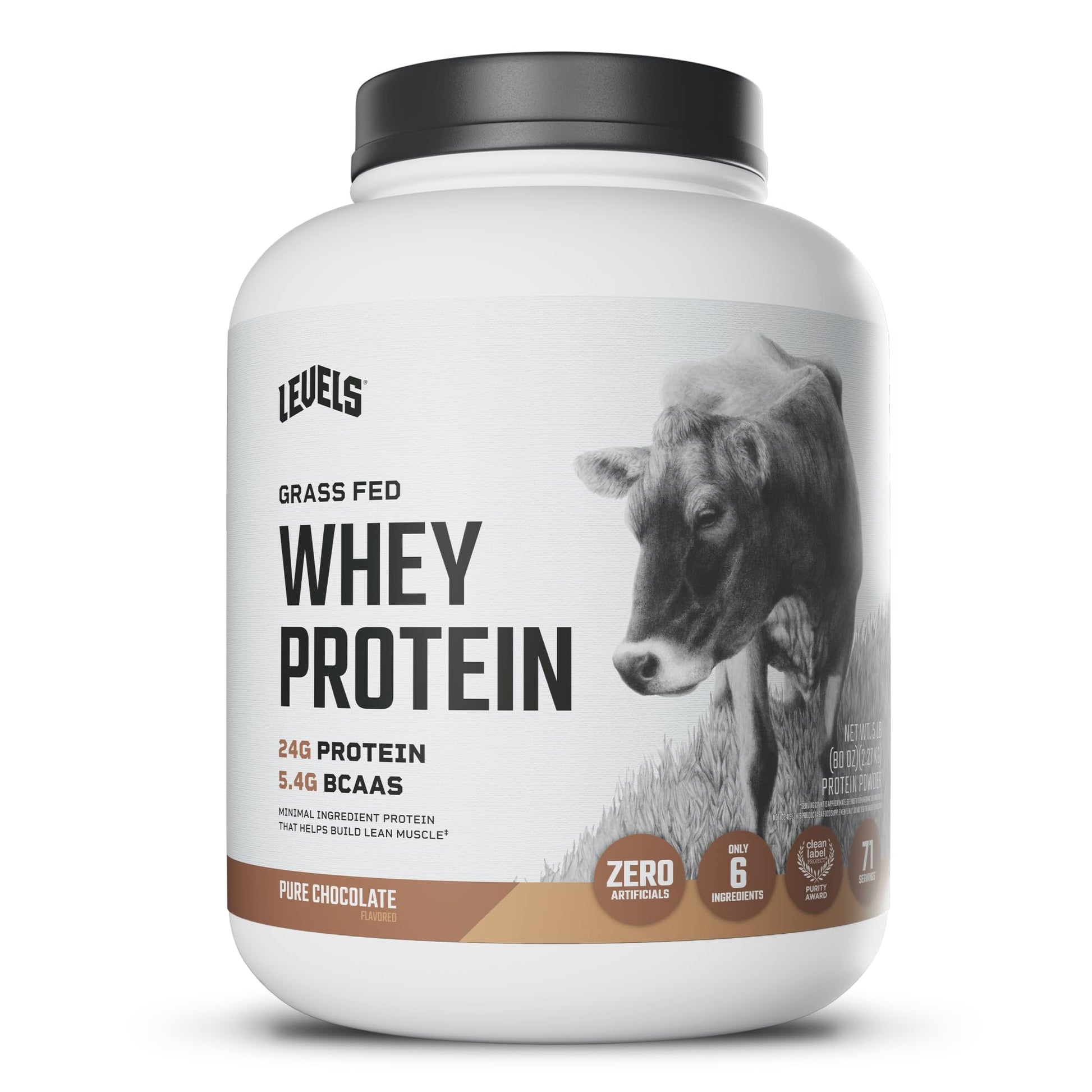 Levels Nutrition Grass Fed Whey Protein Powder Pure Chocolate, 80 Servings