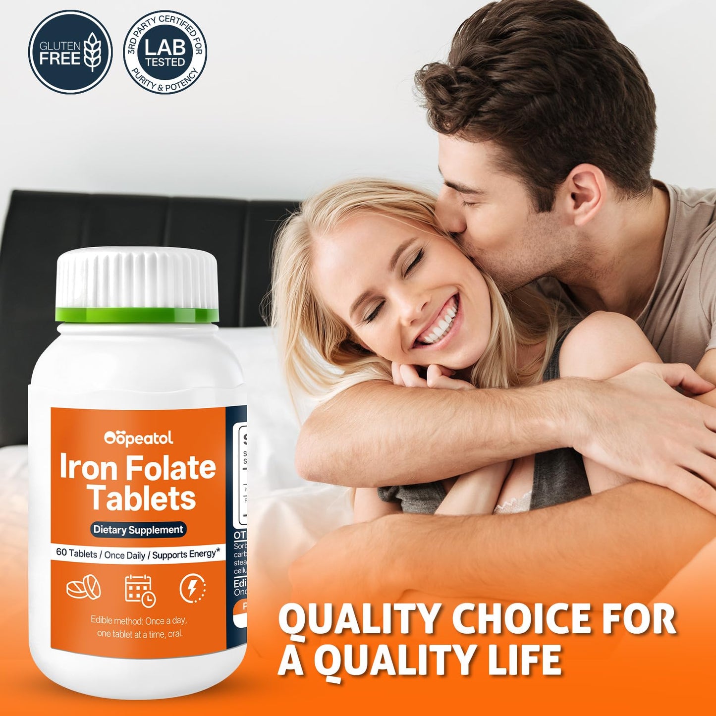 Oopeatol Iron & Folic Acid Supplement Chewable, Supports Red Blood Cell Production, Energy & Blood Health, Gentle Iron Formula for Men & Women, 60 Tablets