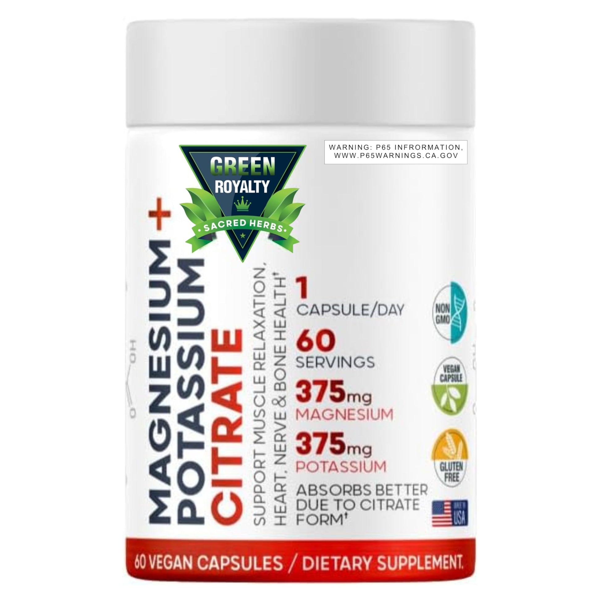 GREEN ROYALTY Magnesium Citrate + Potassium Capsules 60 Count