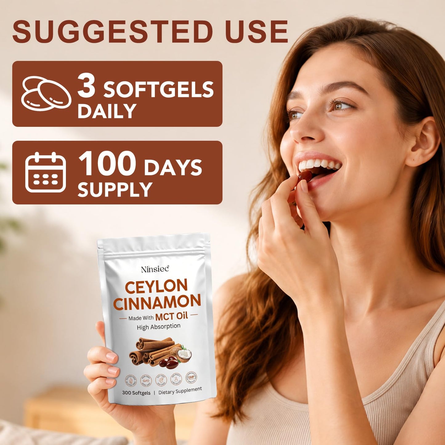 Ninsiec 2-in-1 Organic Ceylon Cinnamon with MCT Oil Softgel, 300 Softgels