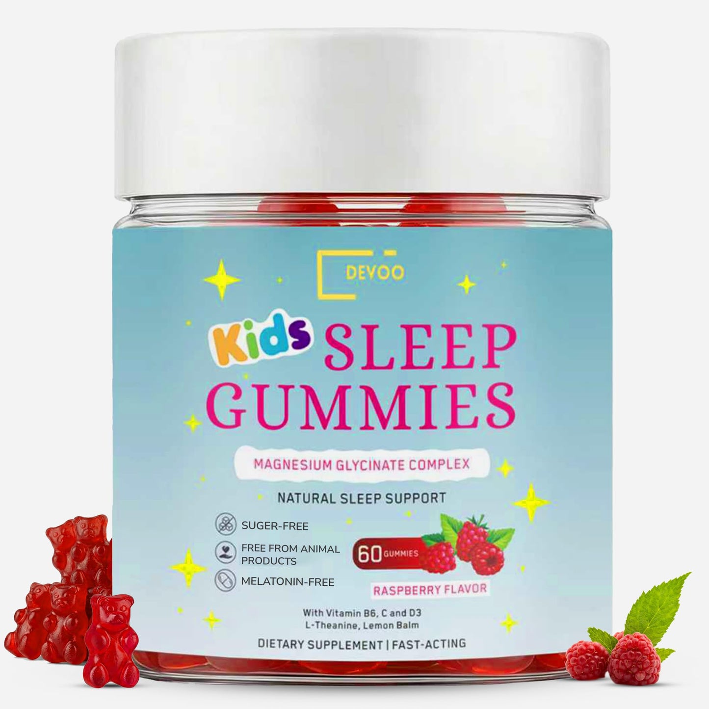 Devoo Natural Sleep Gummies for Kids – Raspberry Sleep Supplement with Magnesium Glycinate, Vitamin B6, C & D3, L-Theanine & Lemon Balm, 60 Gummies