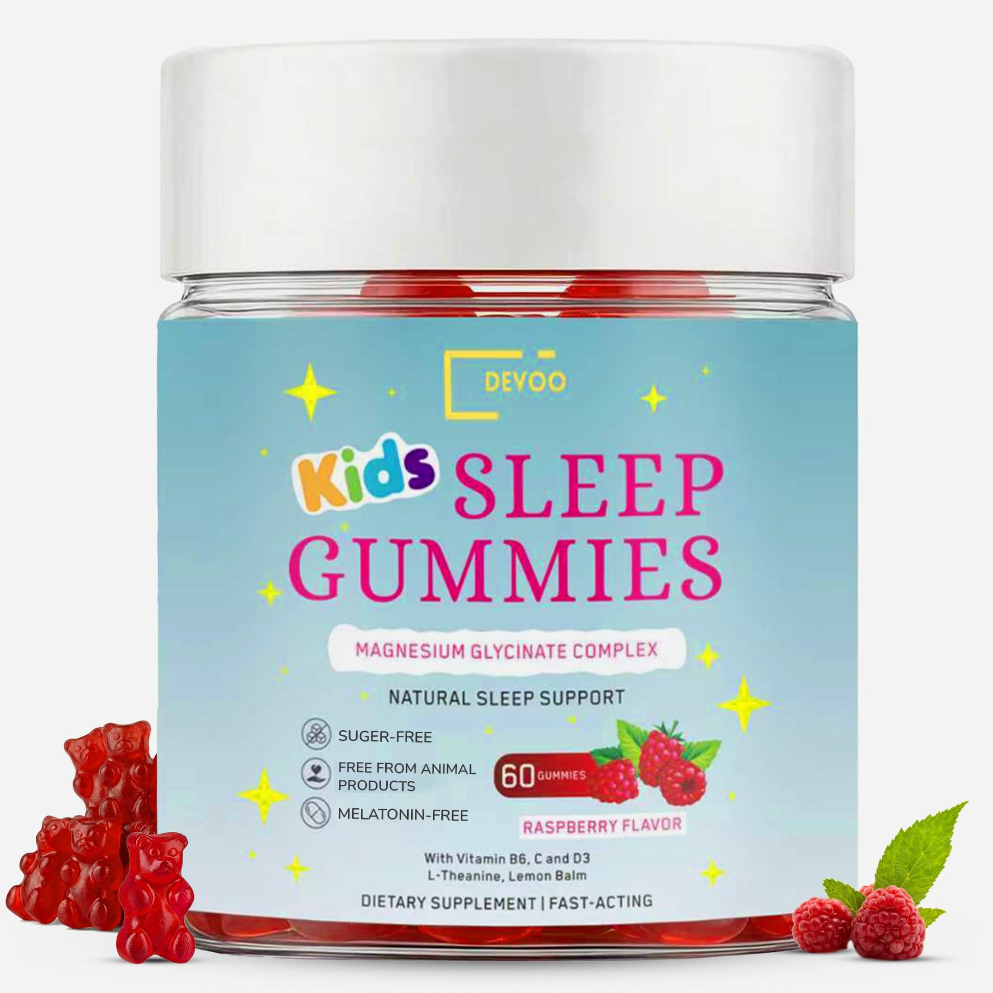 Devoo Natural Sleep Gummies for Kids – Raspberry Sleep Supplement with Magnesium Glycinate, Vitamin B6, C & D3, L-Theanine & Lemon Balm, 60 Gummies