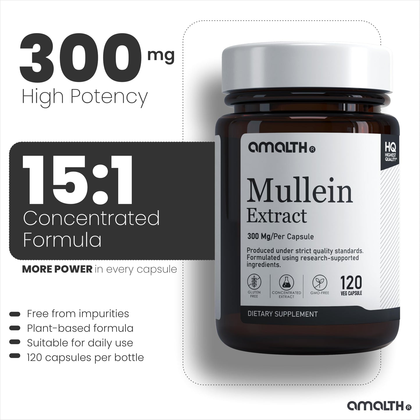 AMALTH Mullein Capsules 300 mg Mullein Leaf Extract Capsules, 1 Count
