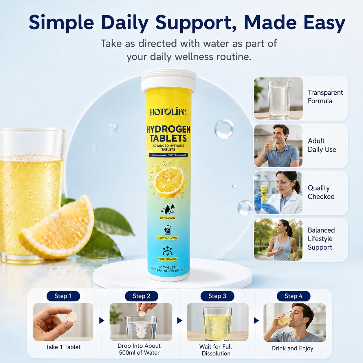 Hotolife Hydrogen Tablets for Drinking Water Focus, Tablet, 40 Count