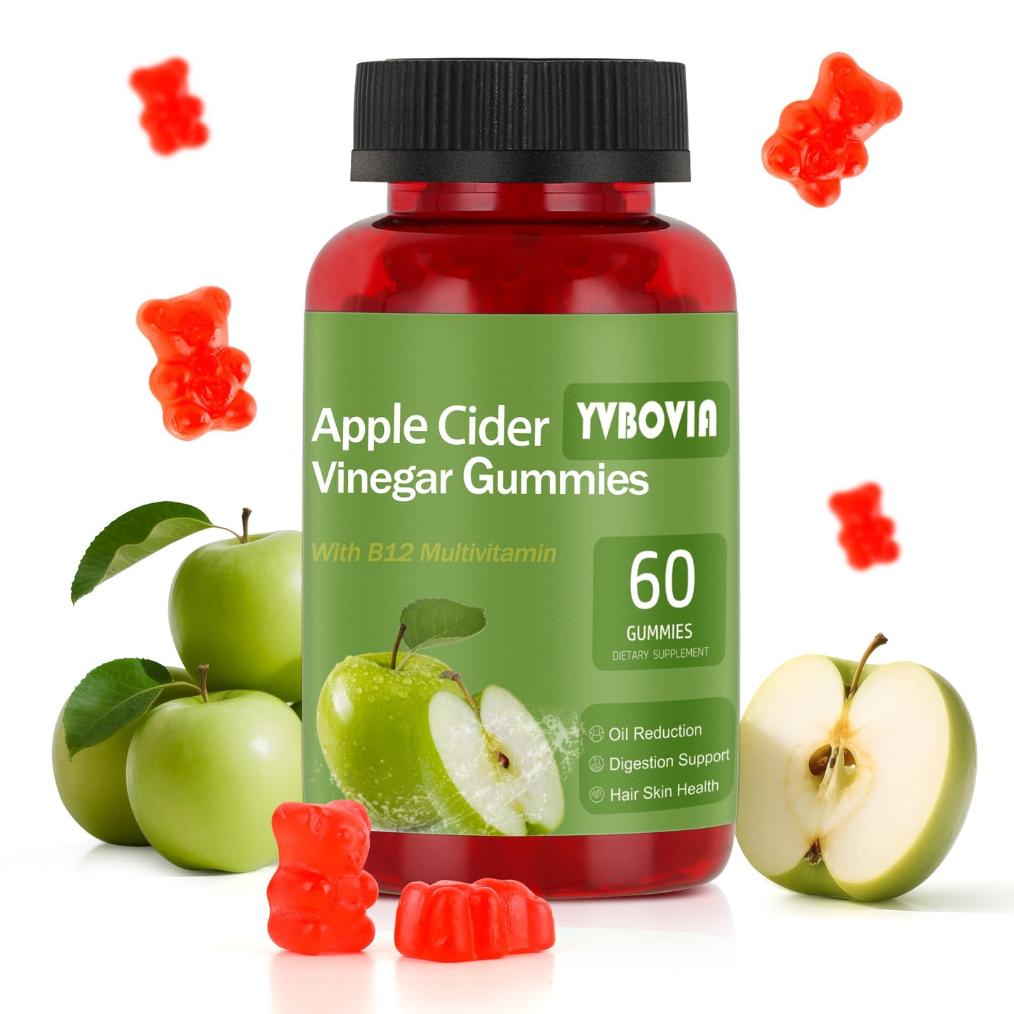Yvbovia Apple Cider Vinegar Gummies with B12, ACV Supplement, Gluten Free, Vegan, Non-GMO, 60 Gummies