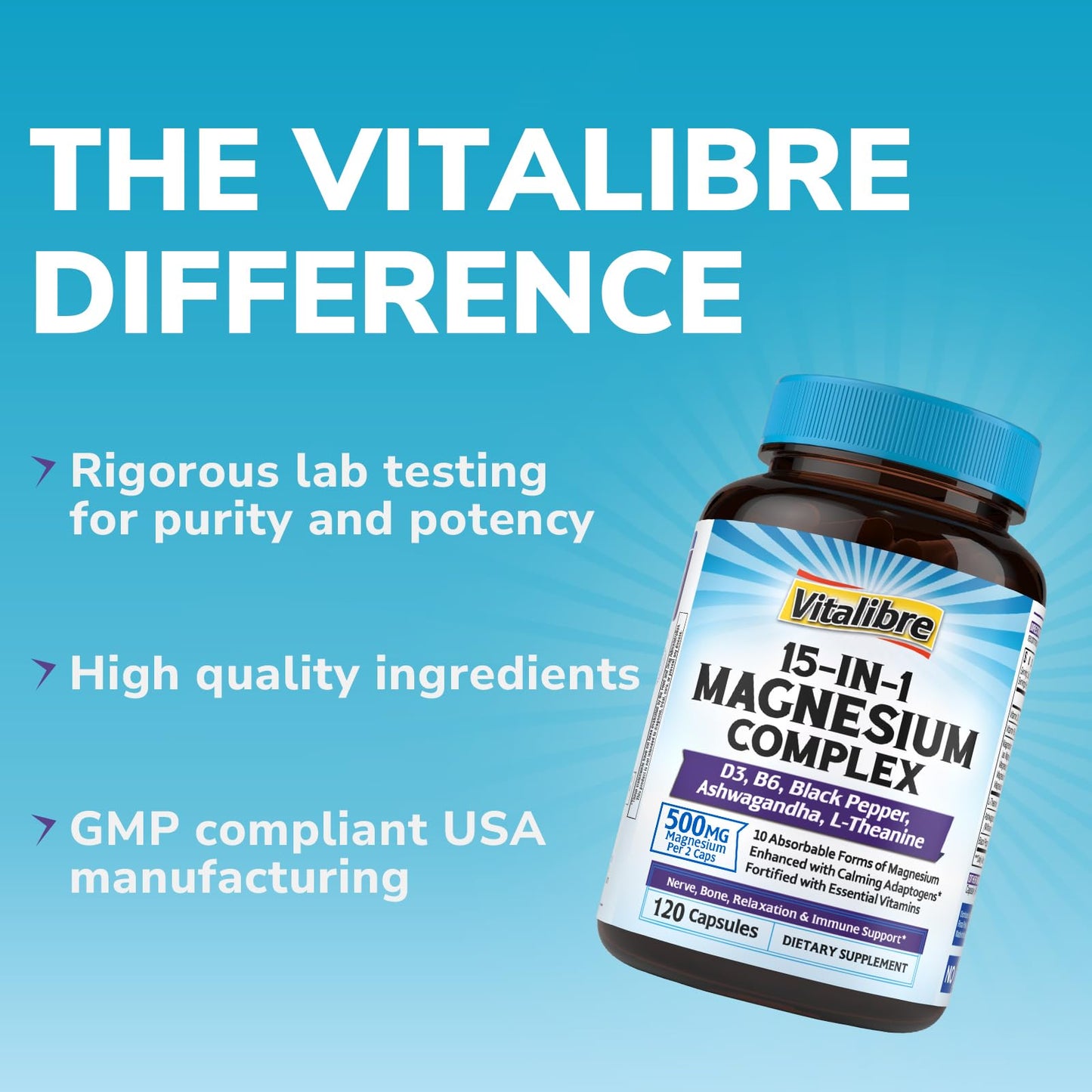 Vitalibre 15 in 1 Magnesium Complex for Women Men Capsules, 120 Count