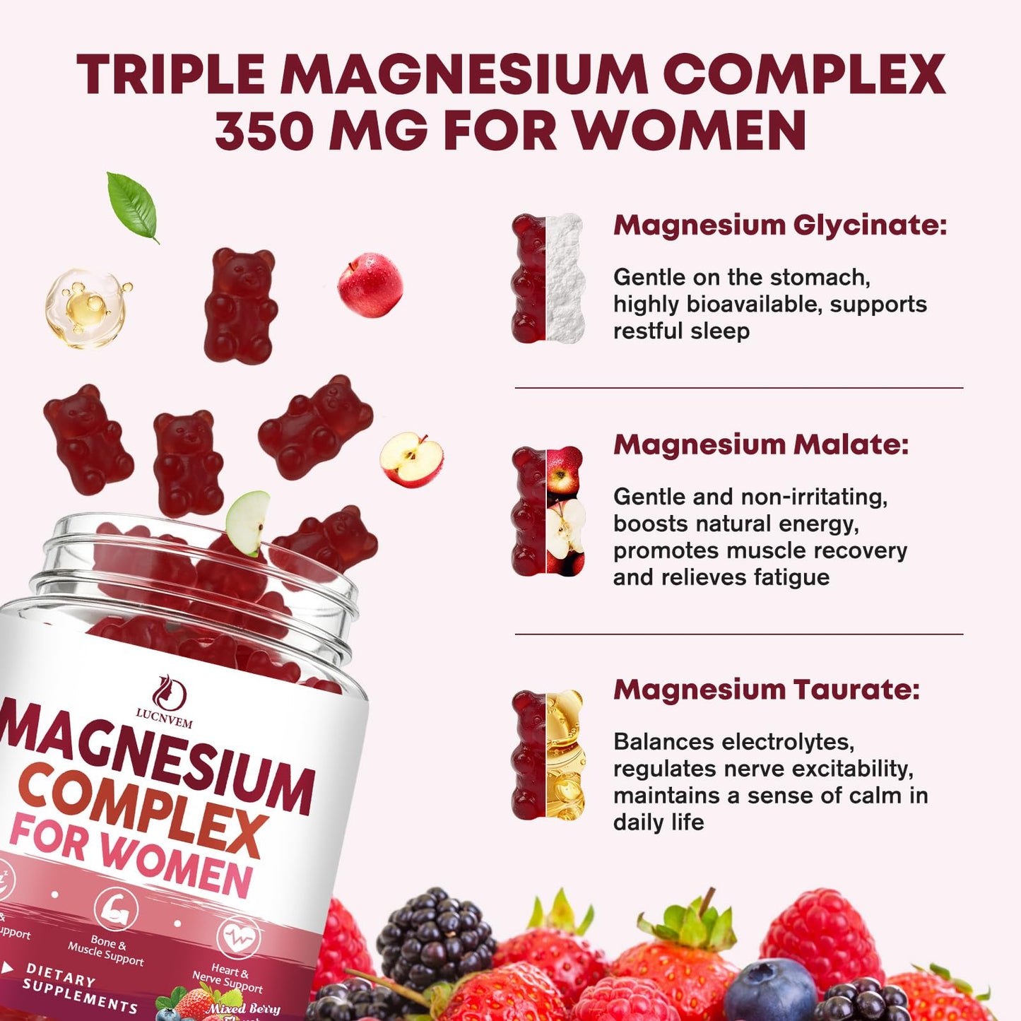 LUCNVEM Magnesium Complex Gummies, Triple Magnesium (Glycinate, Malate, Taurate) 350 mg with L-Theanine & Glycine, 60 Gummies