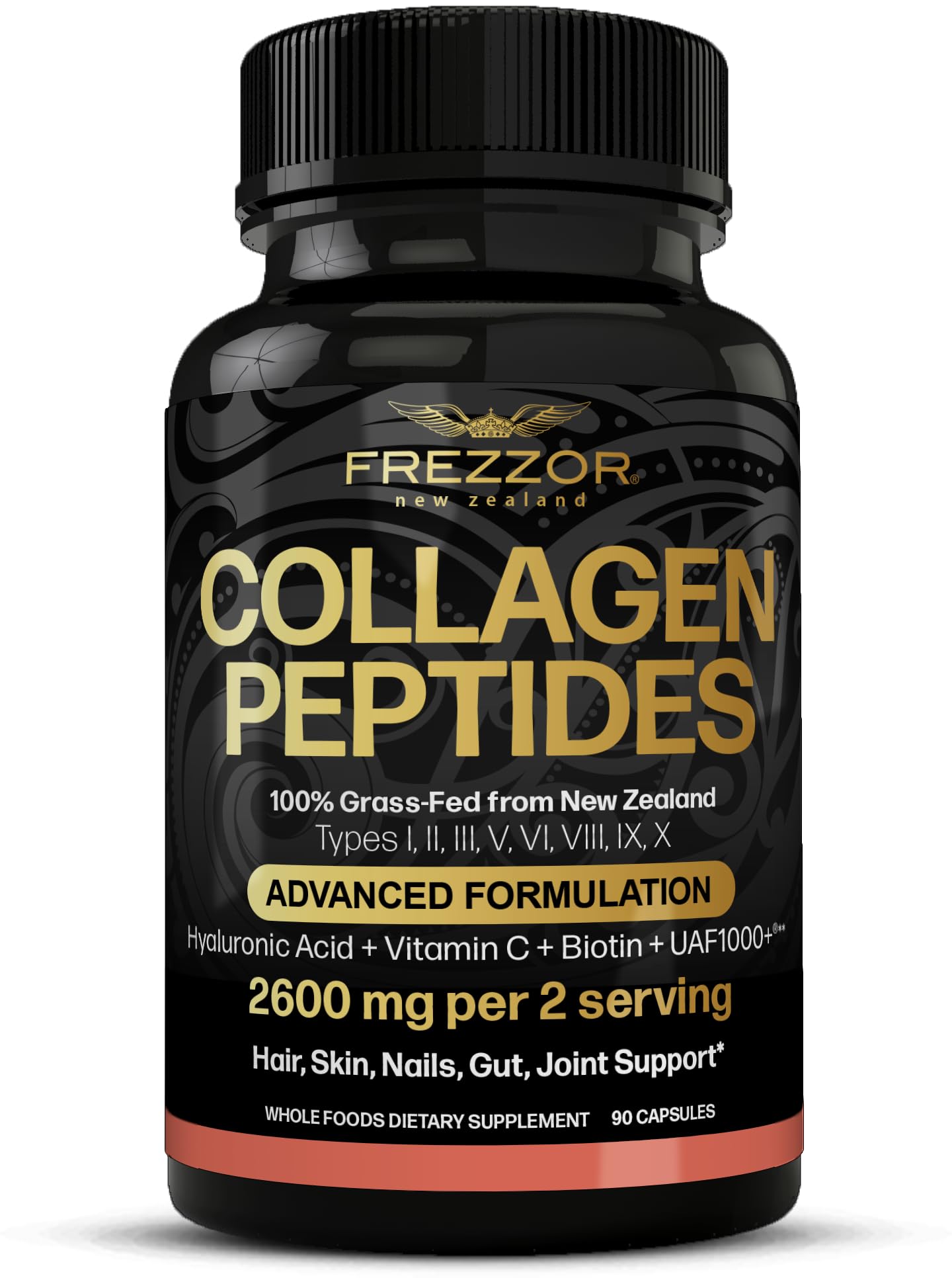 FREZZOR Collagen Peptides with UAF1000+ 100% Grass-Fed New Zealand Cattle Source, Hydrolyzed, 90 Capsules