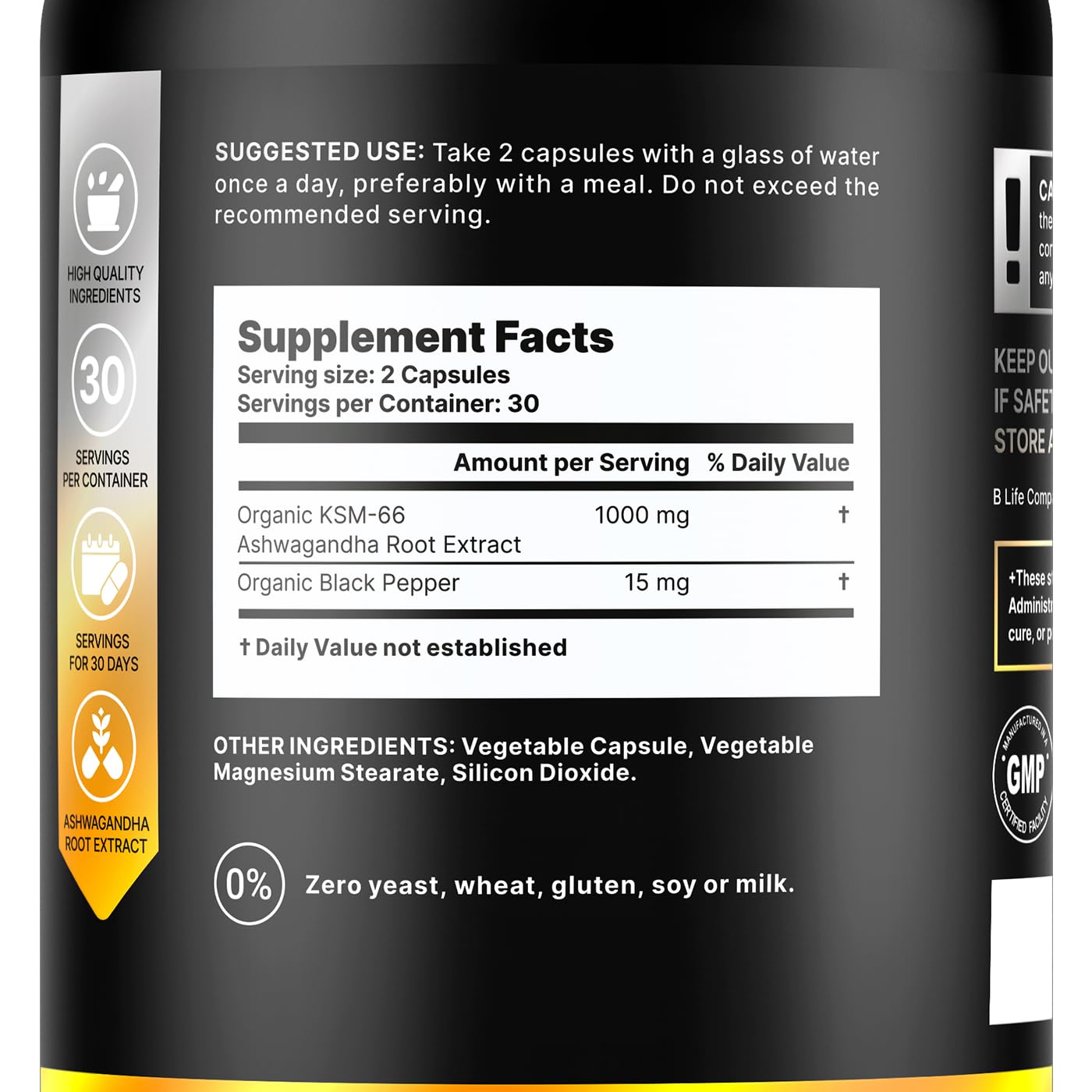 B Life Company Organic Ashwagandha KSM-66 1000 mg Capsule, 60 Count