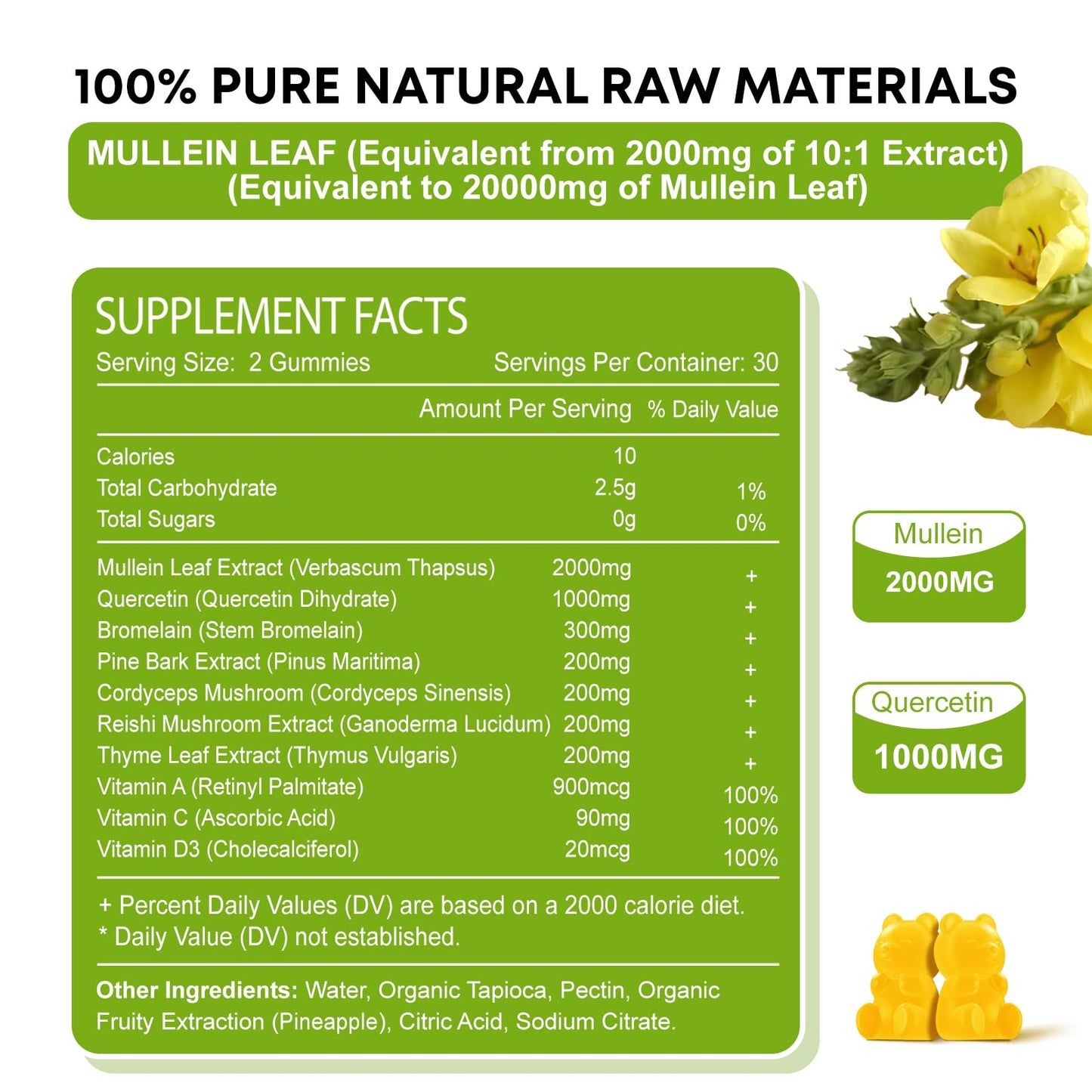 Zetelixia Mullein Gummies for Clear Lungs, 10 in 1 Mullein Leaf Extract for Lungs, Mullein Quercetin Gummies, Pineapple Flavor, 120 Gummies