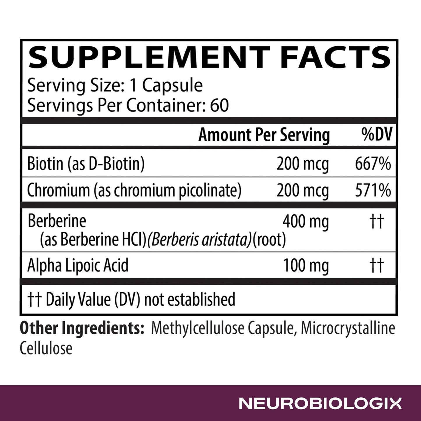 Neurobiologix Berberine Complex Metabolic & Weight Management Support Supplement with Alpha Lipoic Acid, Biotin & Chromium for Blood Sugar Balance & Heart Health, 120 Capsules