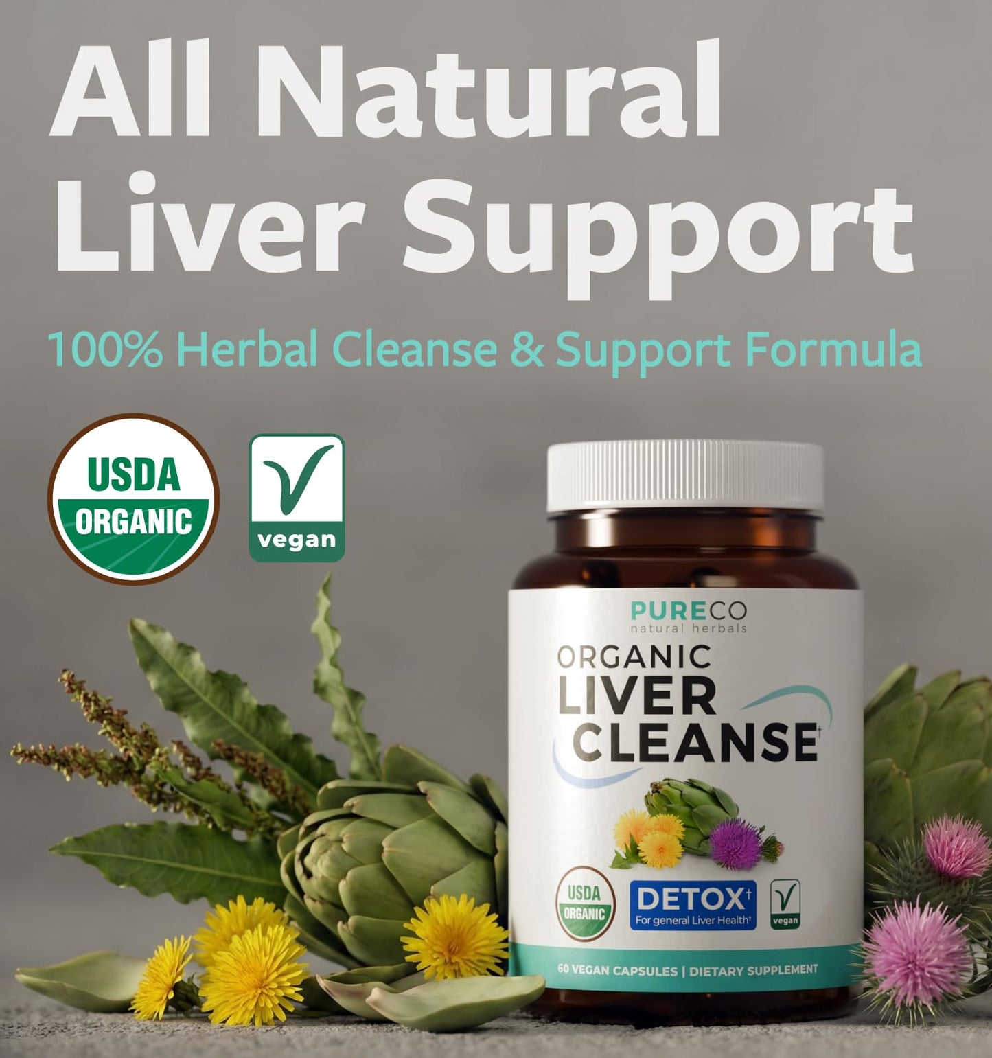 PURE CO Milk Thistle and Dandelion Root Silymarin Liver Detox Formula with Artichoke Extract Capsules, 60 Count