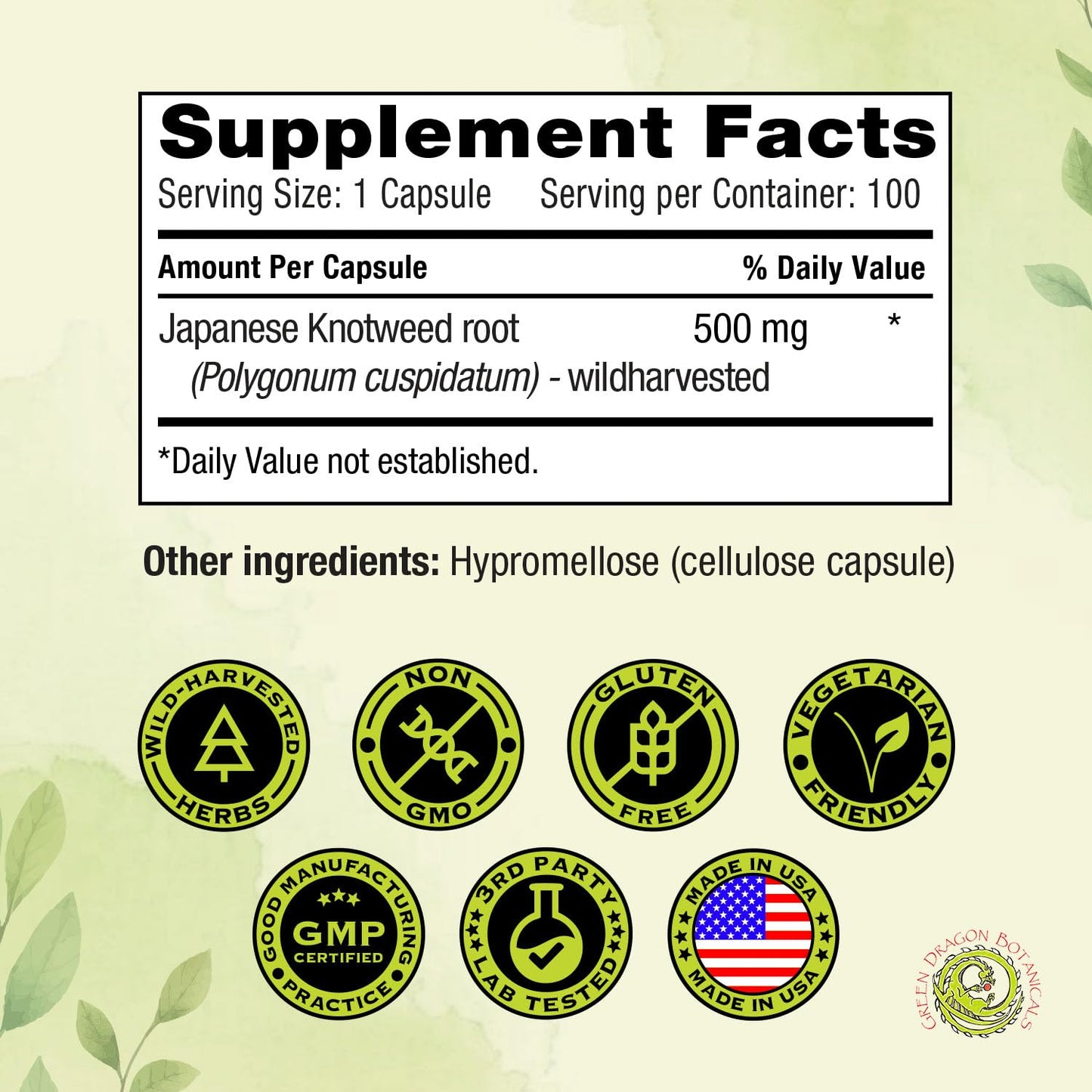 Green Dragon Botanicals Japanese Knotweed Capsules 500 mg, 100 Count