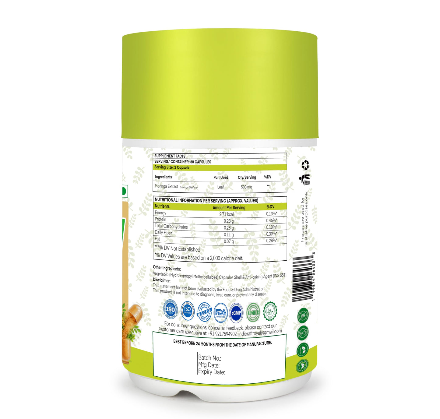Royal Organics Moringa Capsule Supplement, 10:1 Extract, 500 mg, 60 Veggie Capsules