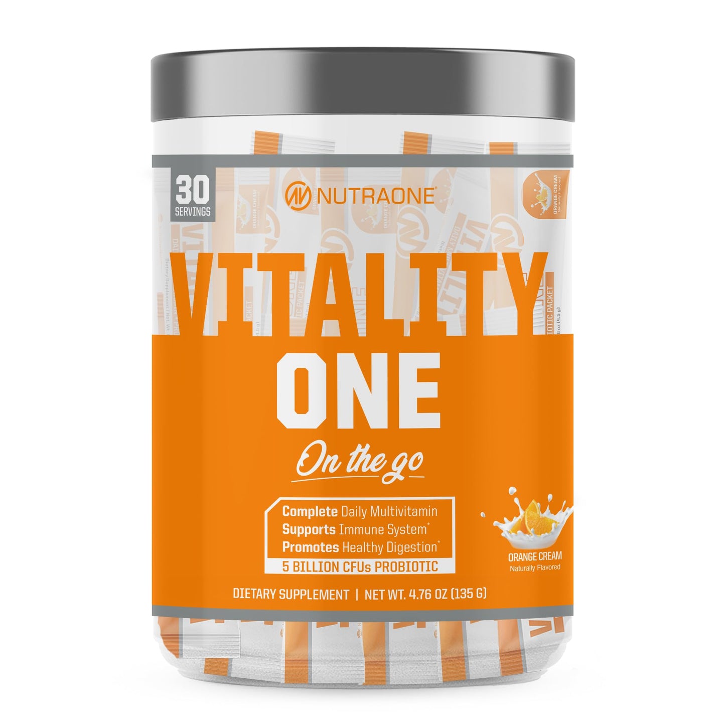 NutraOne VitalityOne On The Go Complete Multivitamin, Probiotic and Enzyme Blend Orange Cream Powder 4.76 Ounce