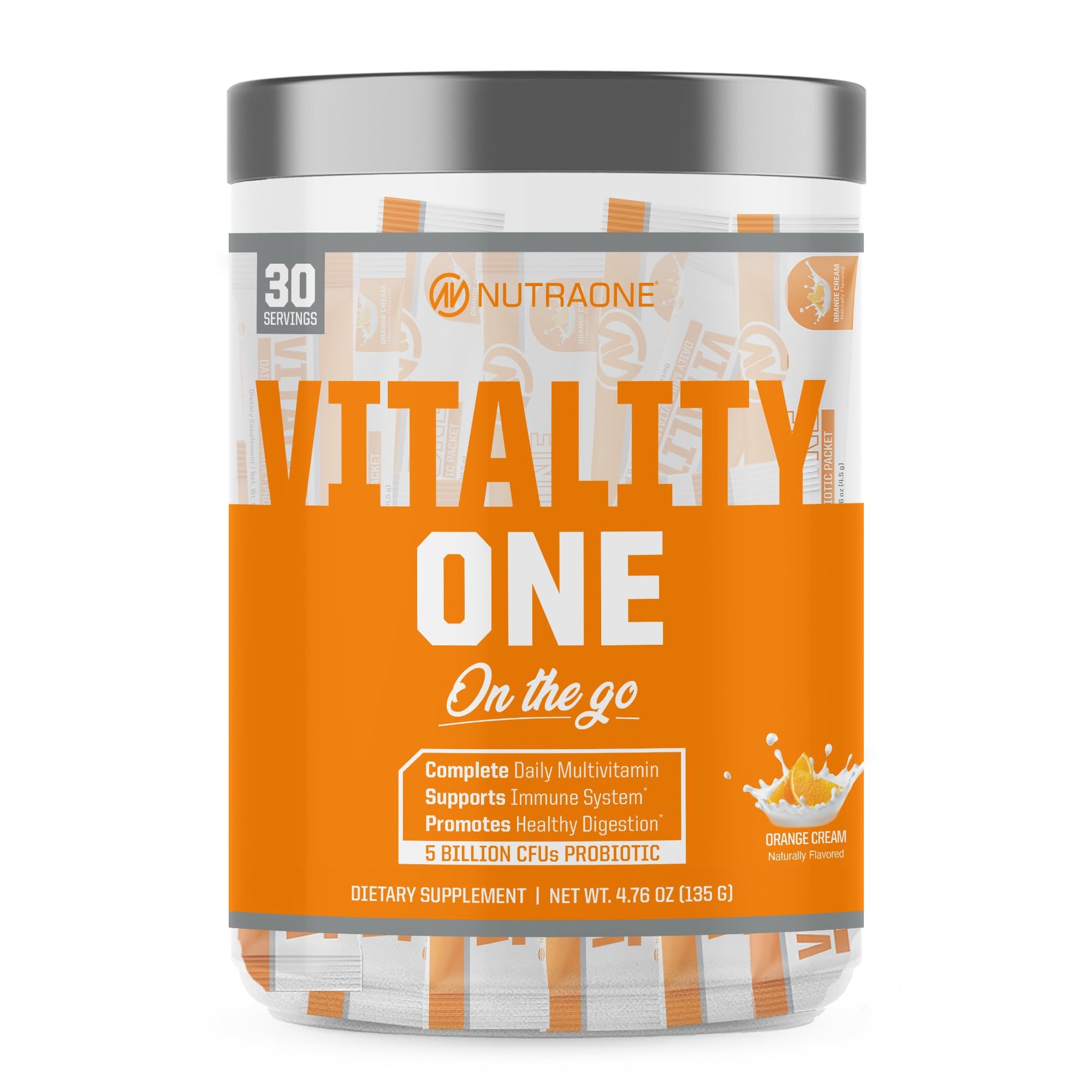 NutraOne VitalityOne On The Go Complete Multivitamin, Probiotic and Enzyme Blend Orange Cream Powder 4.76 Ounce