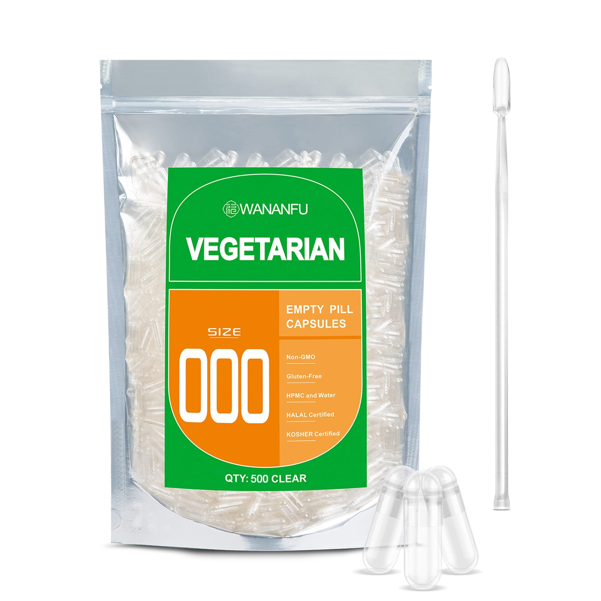 WANANFU 000 Empty Vegetarian Capsules, Clear, 500 Count