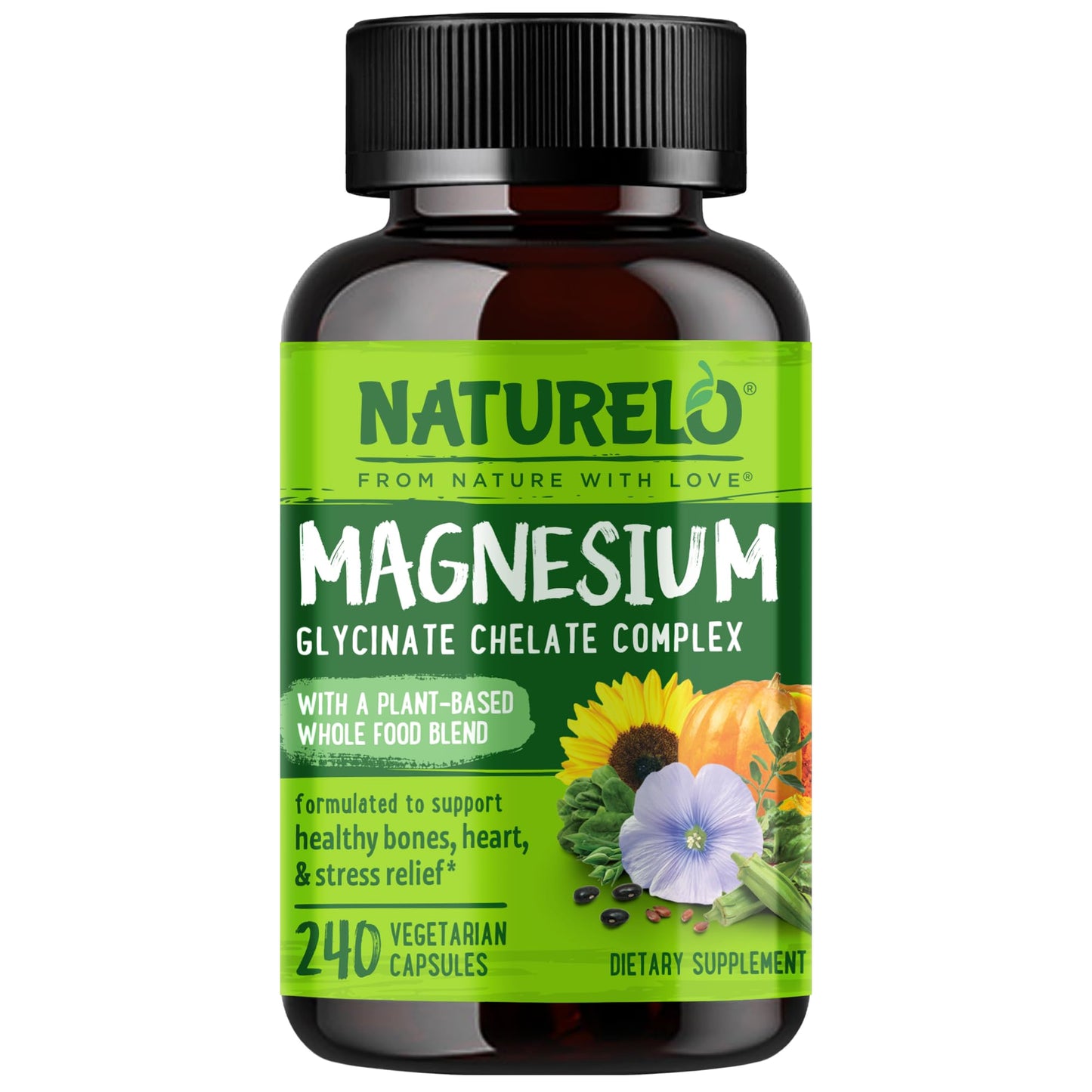 NATURELO Magnesium Glycinate Chelate Complex 200 mg Magnesium Capsules, 240 Count