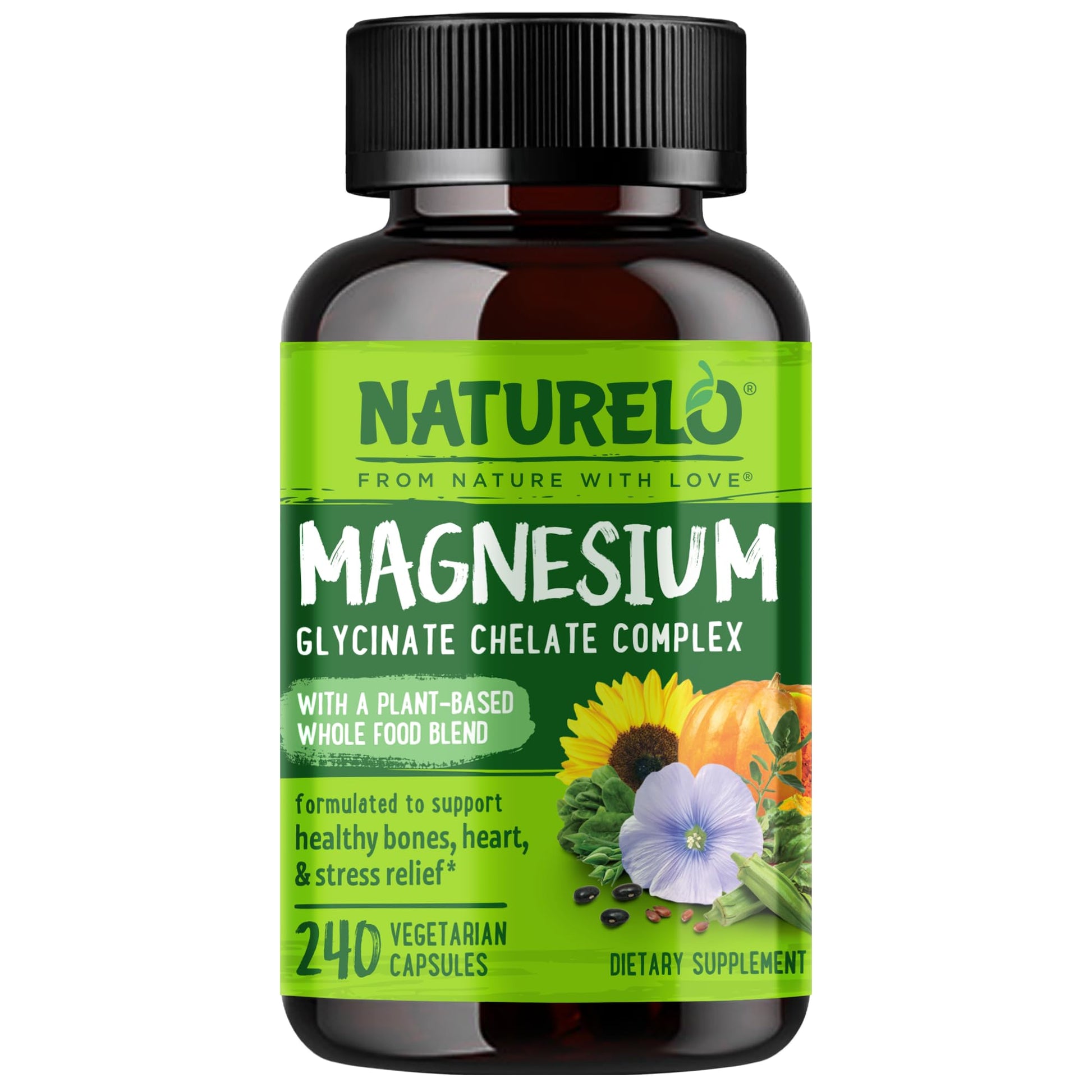 NATURELO Magnesium Glycinate Chelate Complex 200 mg Magnesium Capsules, 240 Count