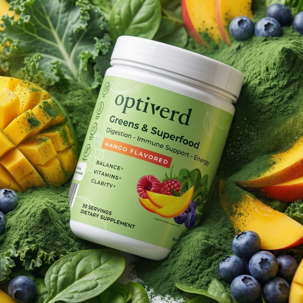 Optiverd Greens Superfood Powder with Probiotics & Enzymes – Mango Flavor – 27 Ounce