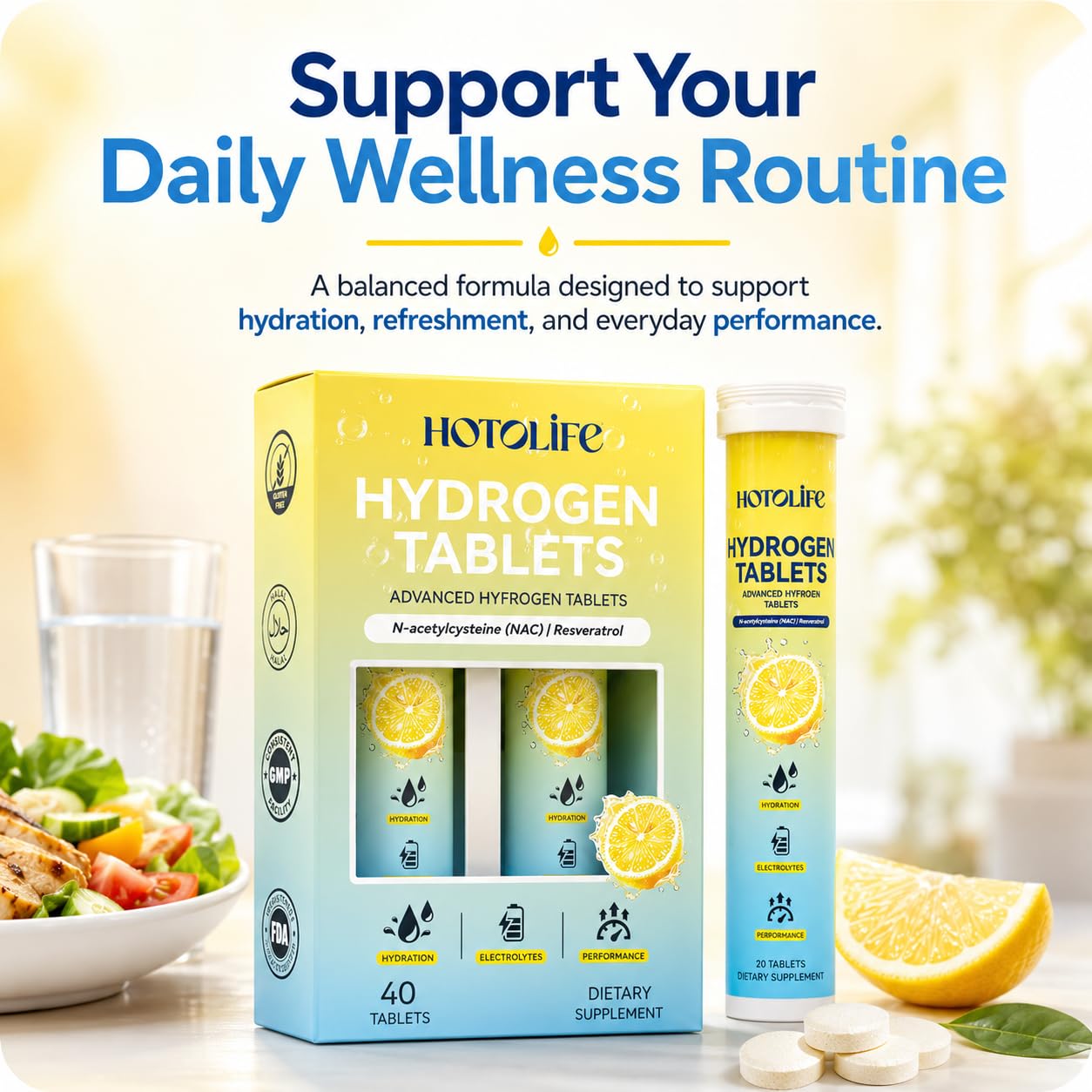 Hotolife Hydrogen Tablets for Drinking Water Focus, Tablet, 40 Count