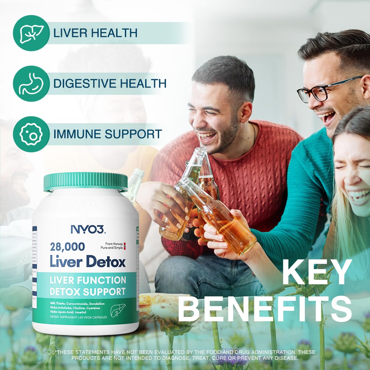 NYO3 Milk Thistle 200mg Liver Detox Supplement with Dandelion Root & Artichoke Extract, 60 Capsules