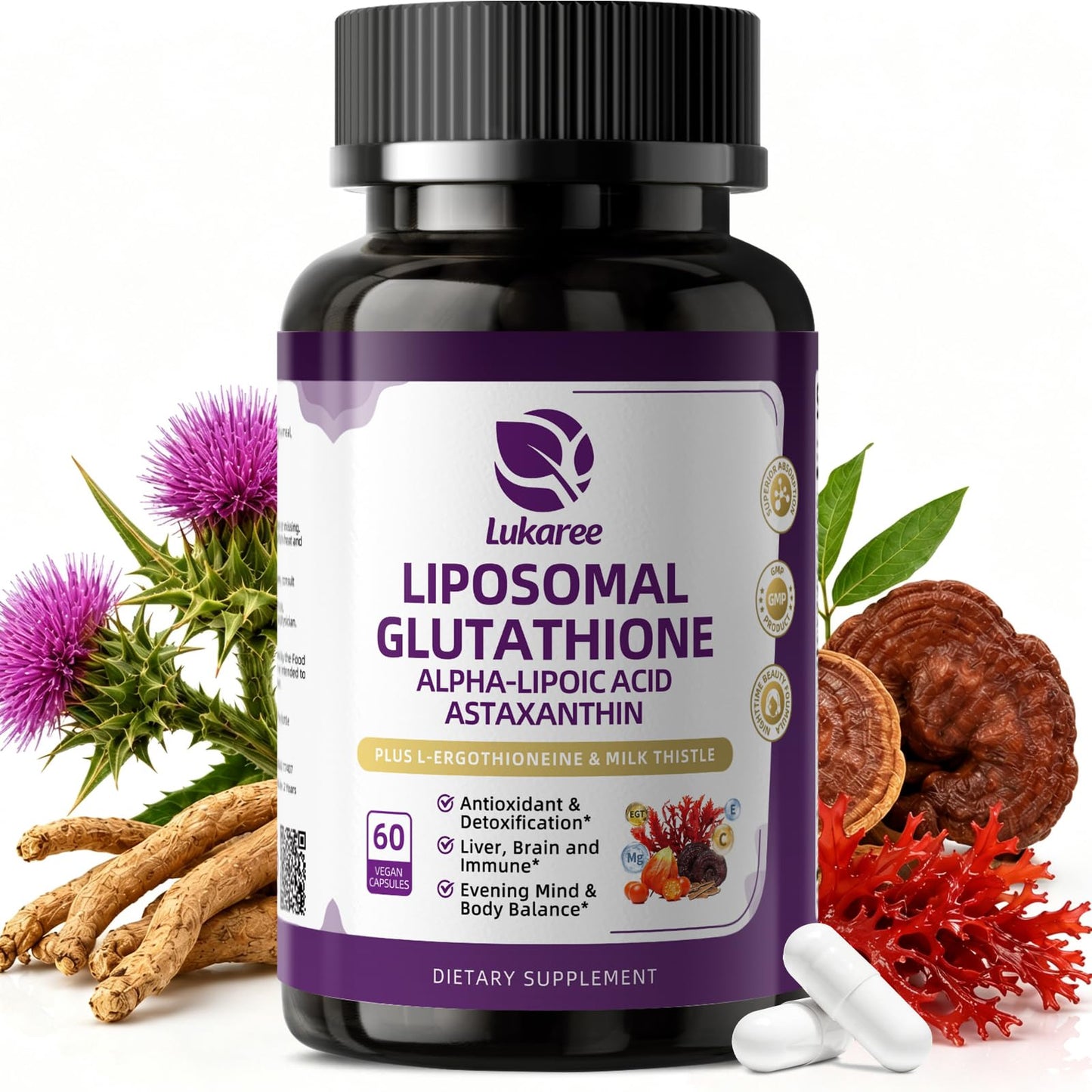 Lukaree Liposomal Glutathione 1158mg with Astaxanthin for Skin Health Capsule, 60 Count