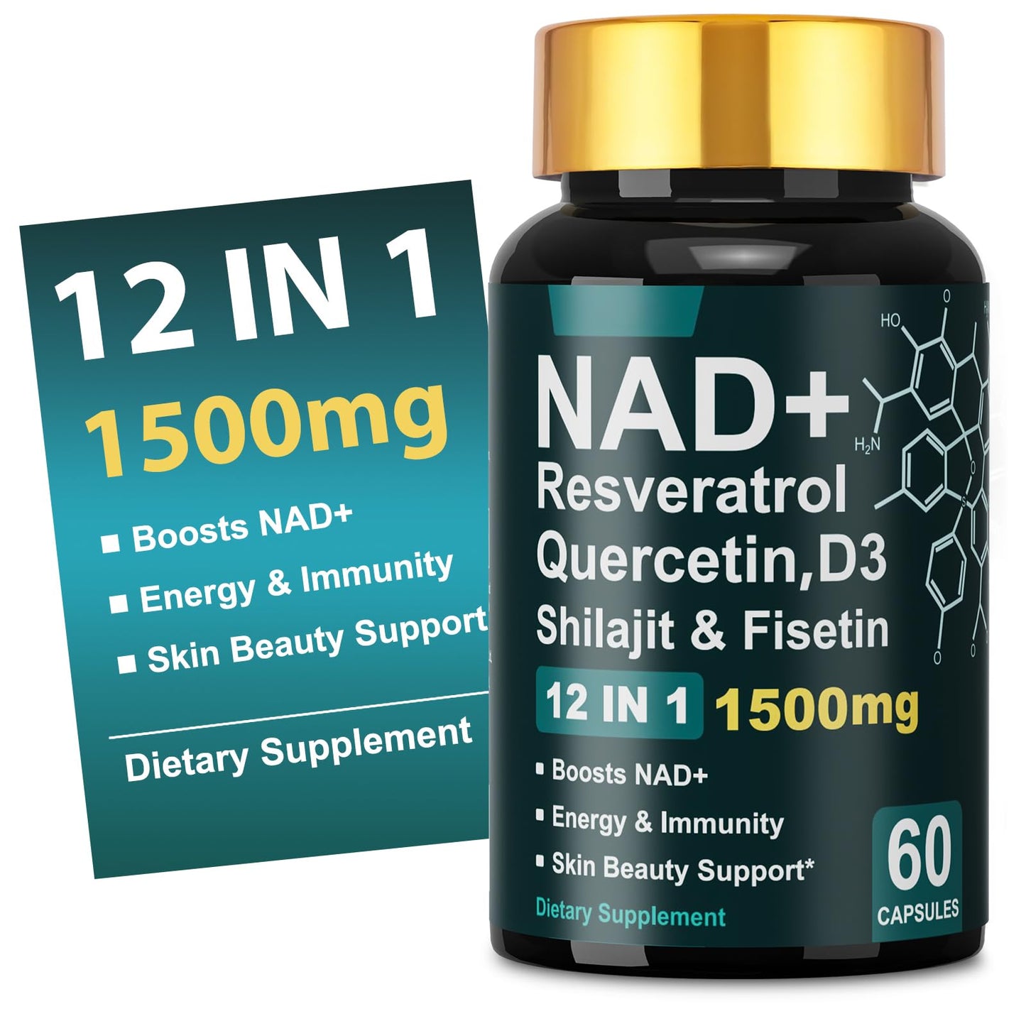 Dr. HR NAD+ Capsule 1500mg with Resveratrol, Vitamin D3, Quercetin & Fisetin – Supports Energy, Skin Health, Vitality & Immunity, 60 Capsules