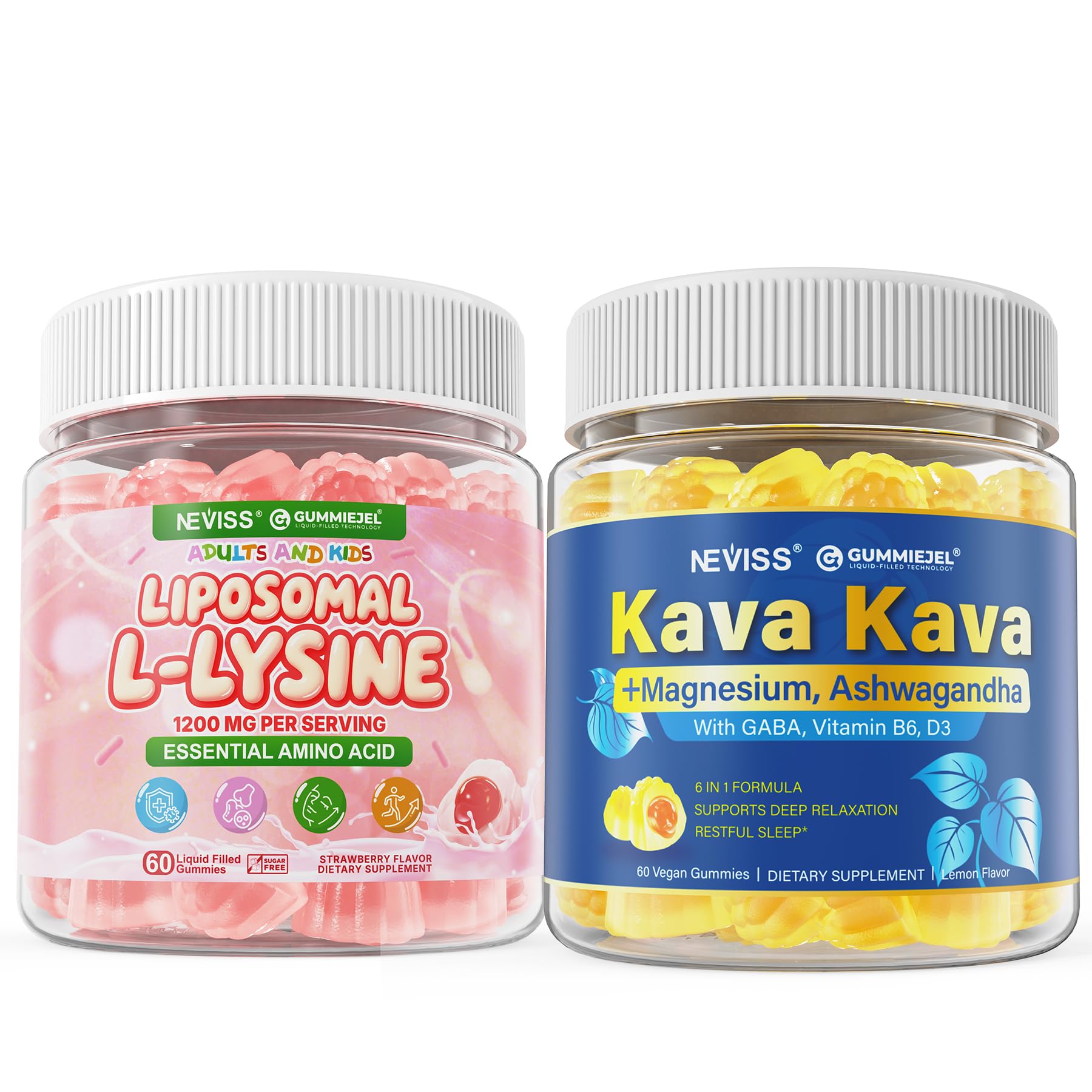 NEVISS Kava Kava Gummies for Calm + Liposomal L-Lysine Gummies, 120 Gummies