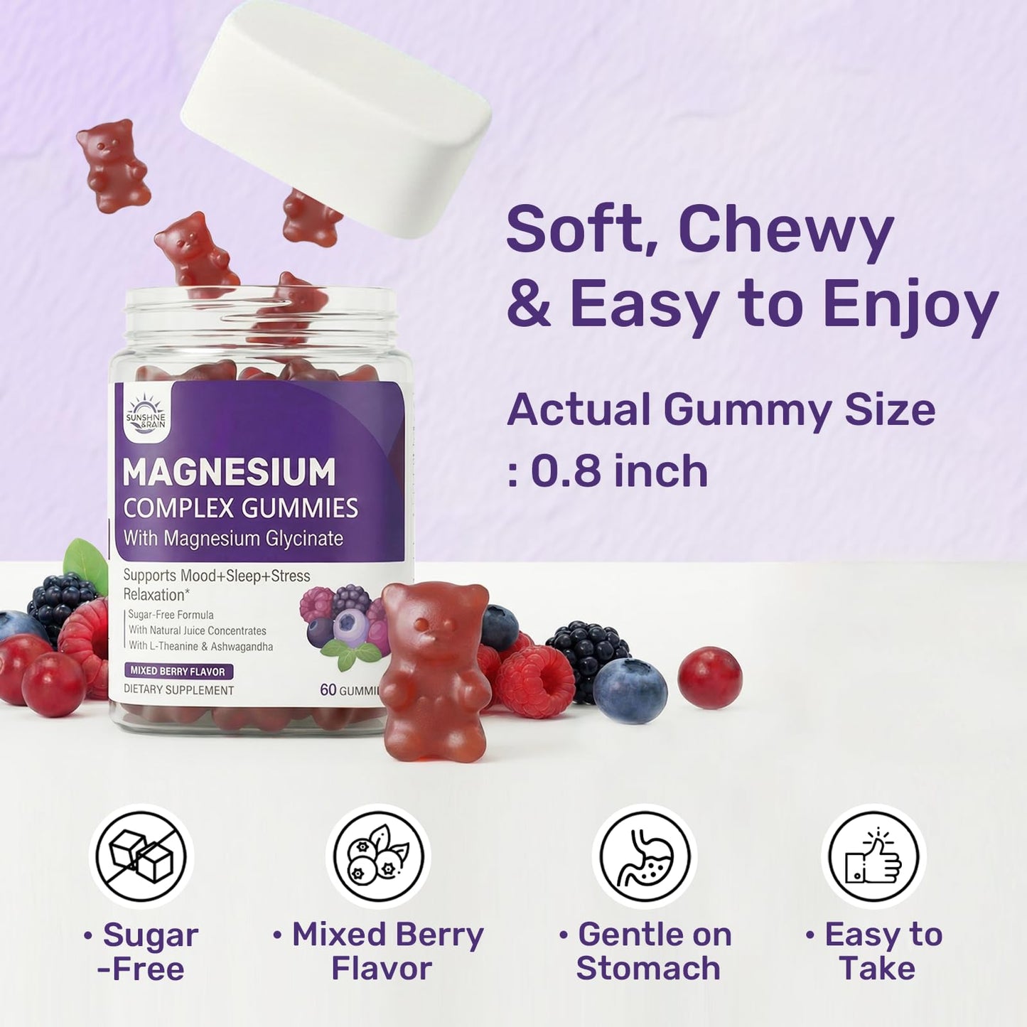 Sunshine & Rain Magnesium Calm Gummies 300mg - 4-in-1 Magnesium Glycinate, Citrate, Malate & Taurate with Ashwagandha, L-Theanine & Lemon Balm for Relaxation, Mood & Zzz Support, Sugar-Free, Vegan, 60 Gummies